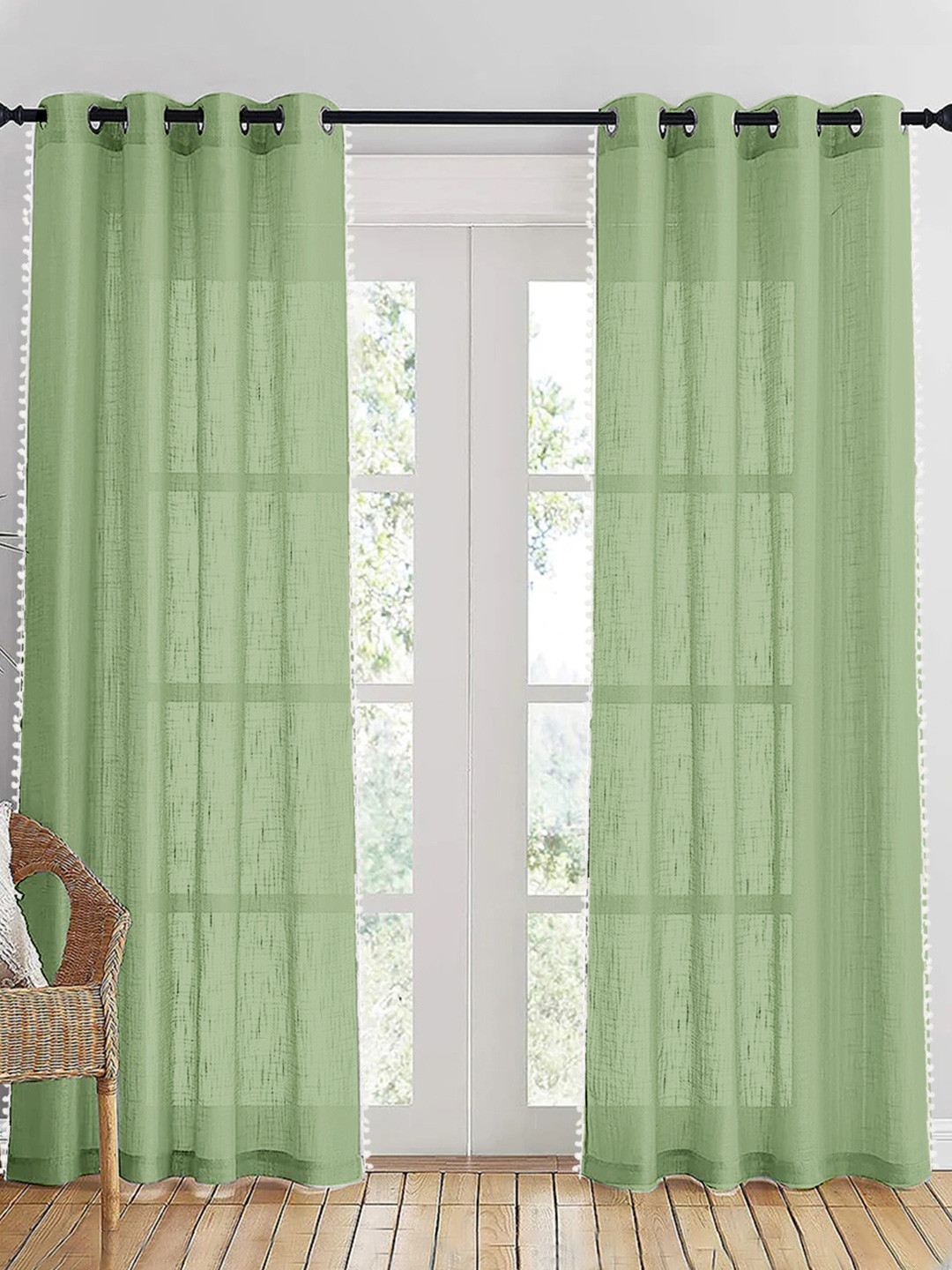 HOMEMONDE Green & White 2 Pieces Sheer Pompom Detailed Cotton Door Curtain