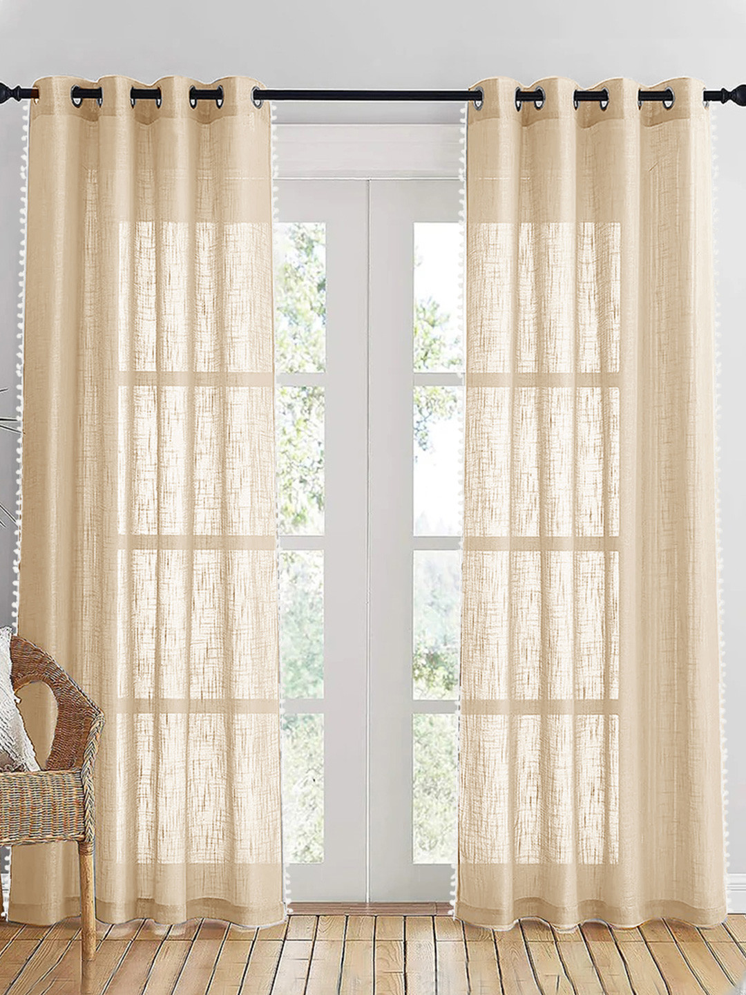 HOMEMONDE Beige & White 2 Pieces Sheer Pompom Detailed Cotton Door Curtain
