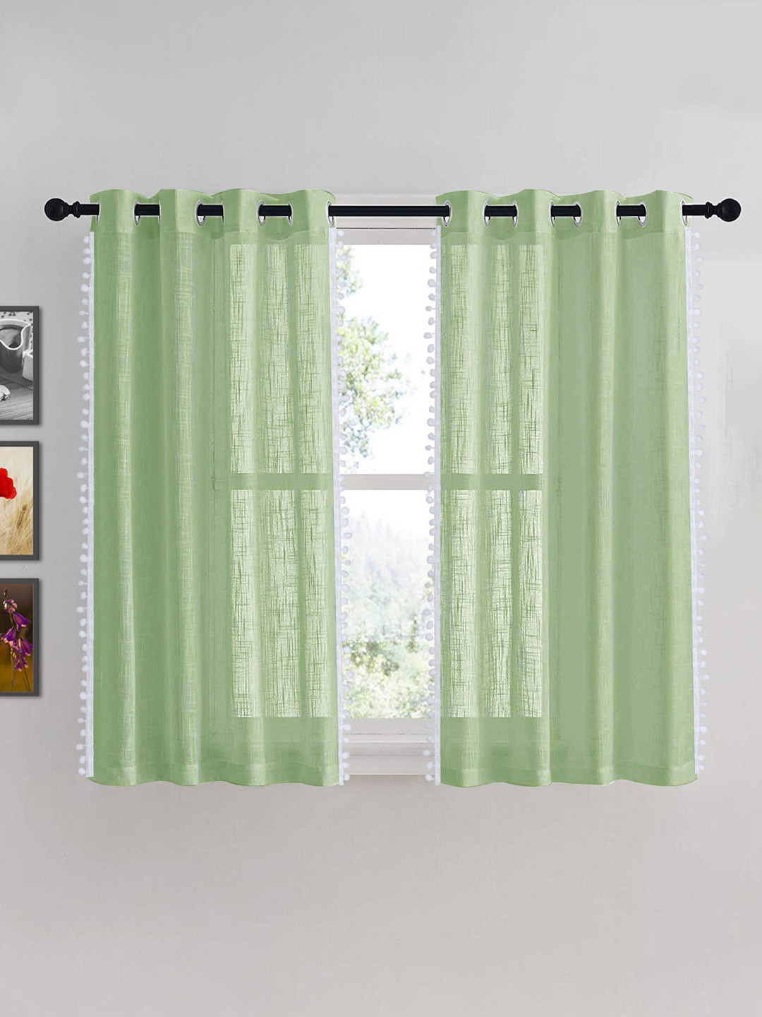 HOMEMONDE Green & White 2 Pieces Sheer Pompom Detailed Cotton Window Curtain