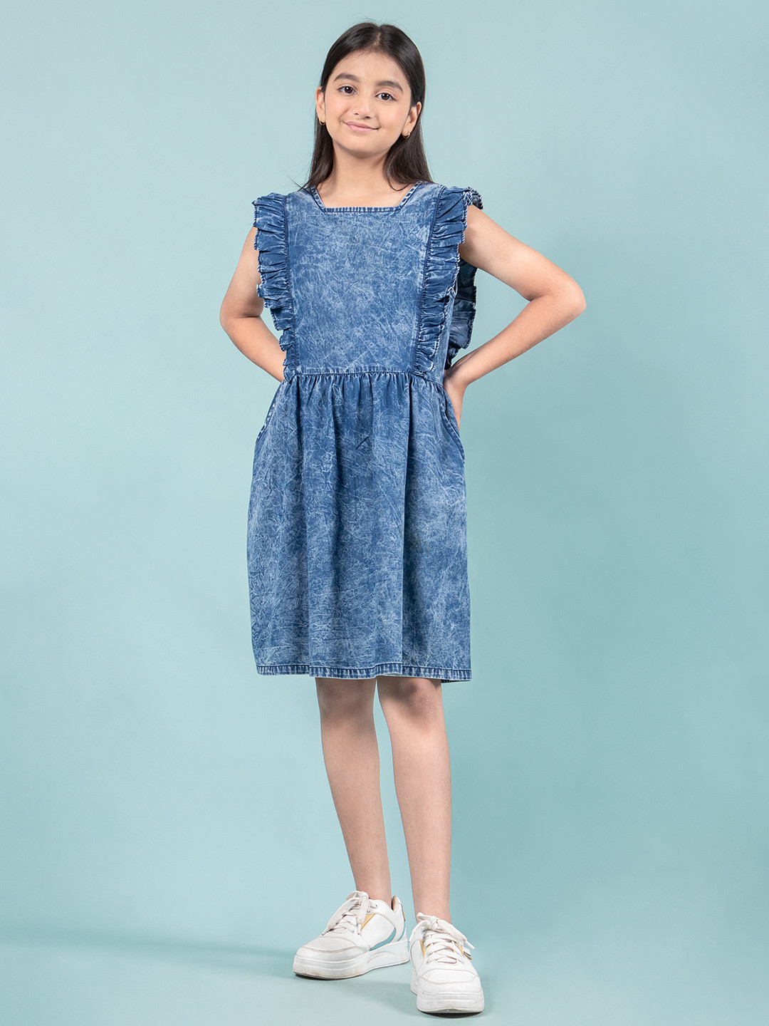 TWEENY MINI Girls Pure Cotton Denim Frill Dress