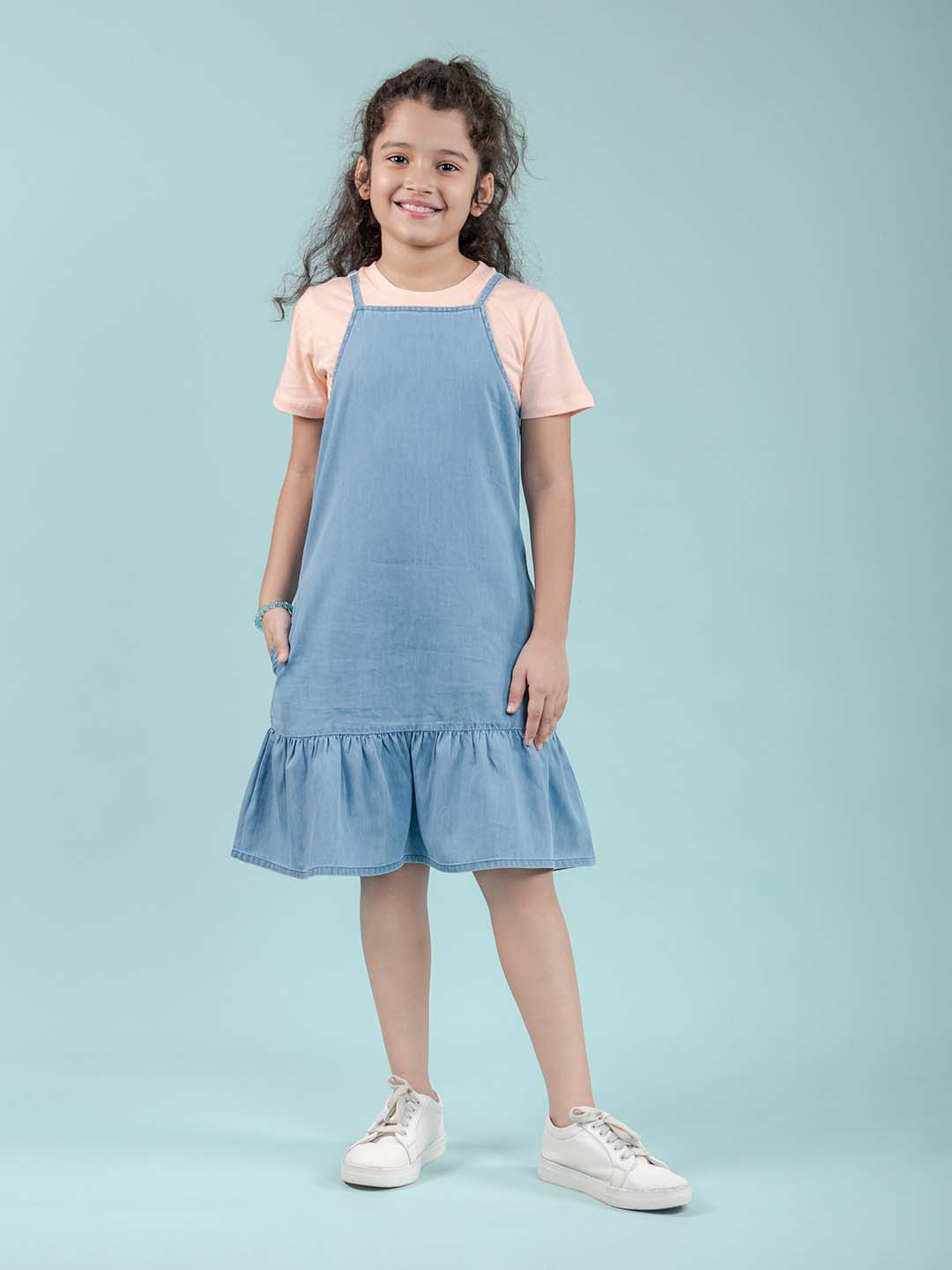 TWEENY MINI Girls Strappy Cotton Denim Dress With T-Shirt