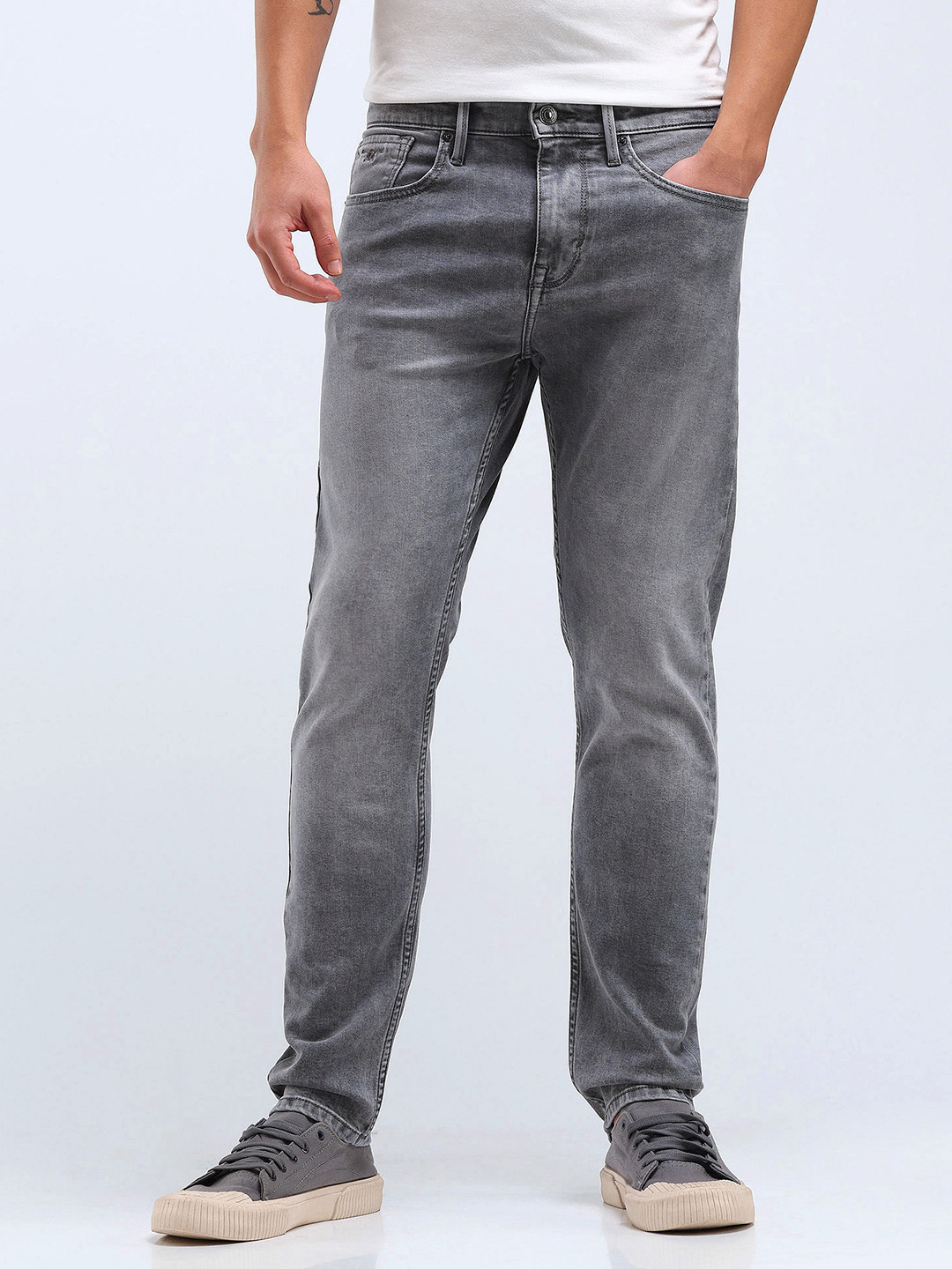 Flying Machine Men Tapered Fit Low Distress Heavy Fade Stretchable Jeans
