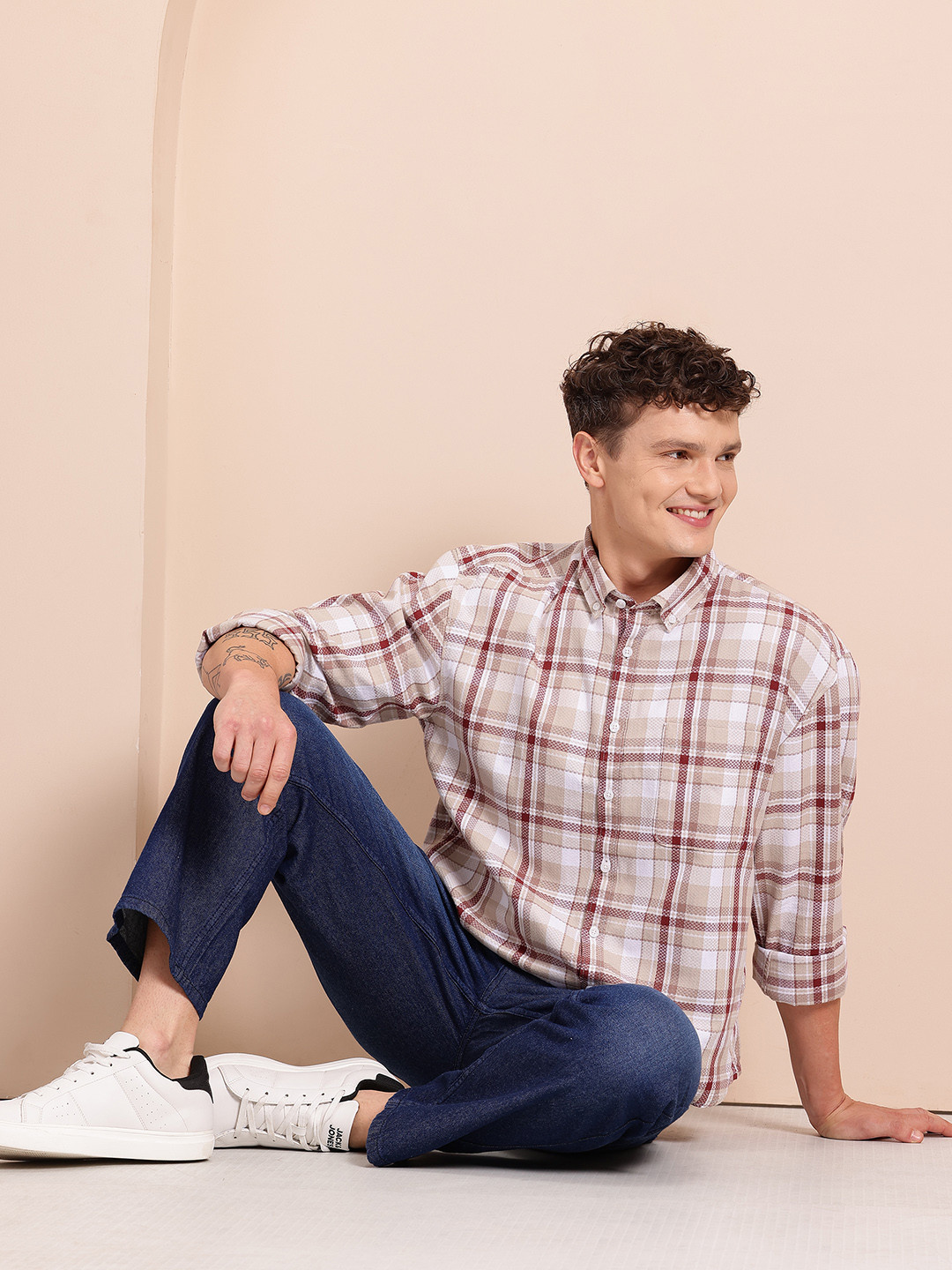Mast & Harbour Tartan Checks Button-Down Collar Drop-Sleeves Pure Cotton Relaxed Fit Shirt