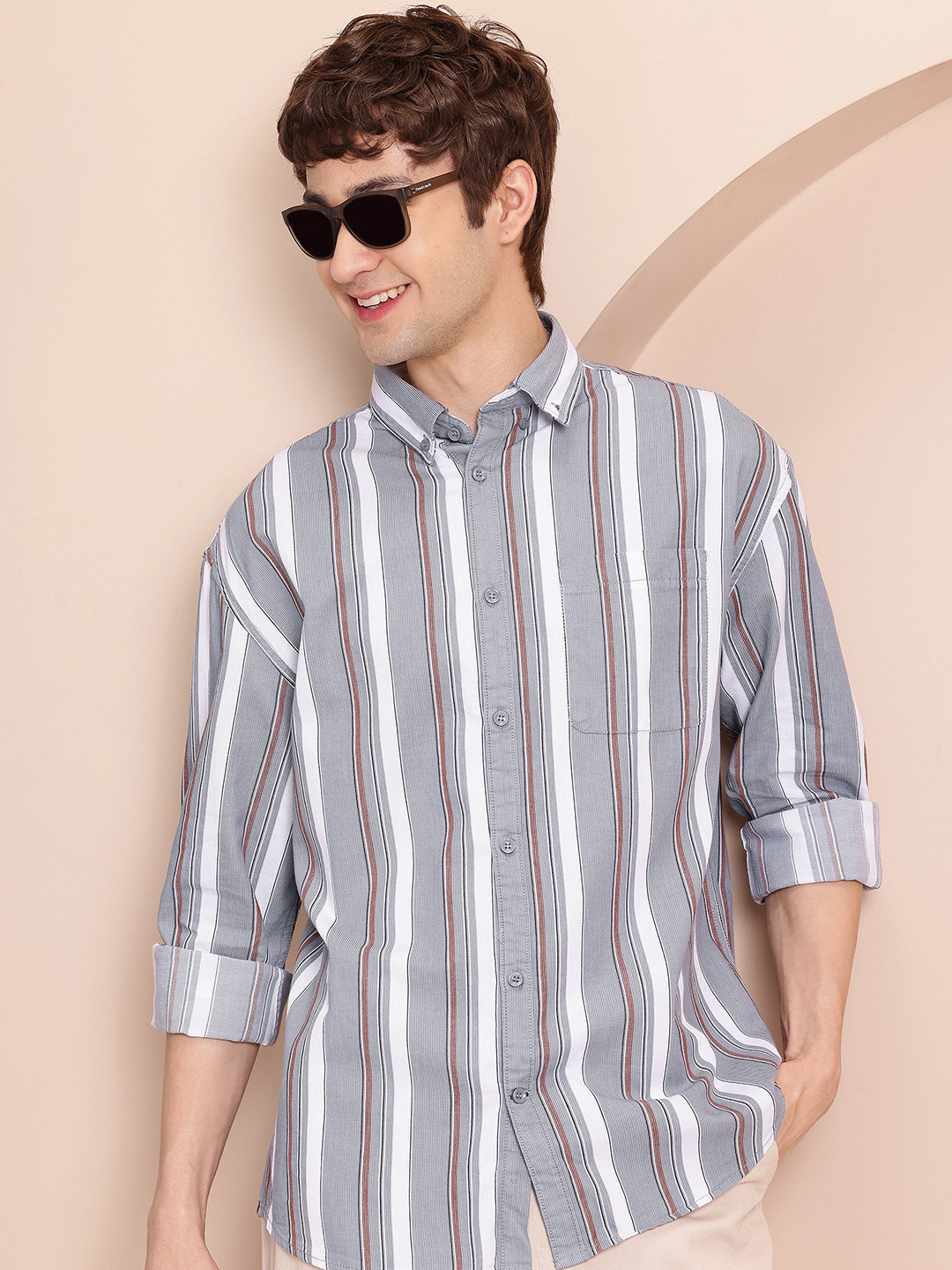 Mast & Harbour Vertically Striped Pure Cotton Button-Down Collar Relaxed Fit Shirt