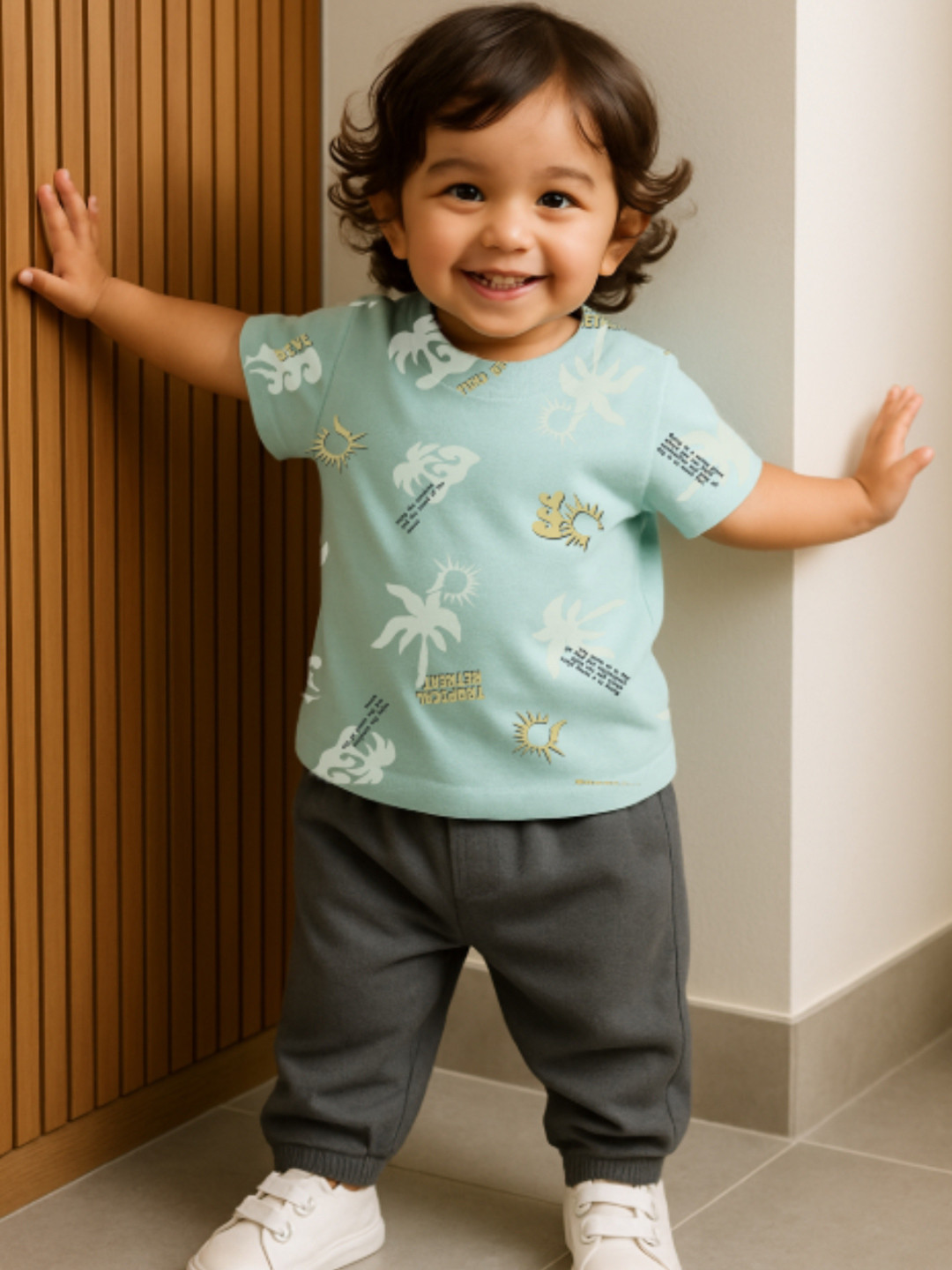 Nap Chief Kids Unisex Tropical Printed Pure Cotton T-shirt with Cargo Joggers