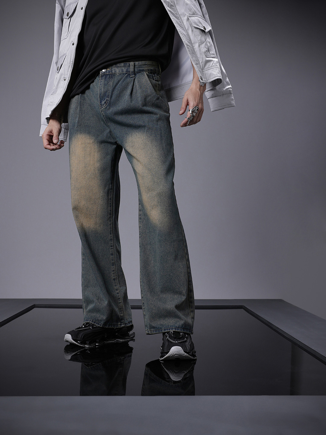 SOKO STREET Men Bootcut Heavy Fade Pleated Stretchable Jeans