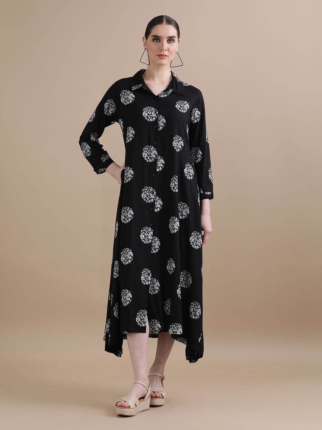 BLACK & BLAH BLAH Relaxed Fit Floral Printed A-Line Viscose Midi Dress