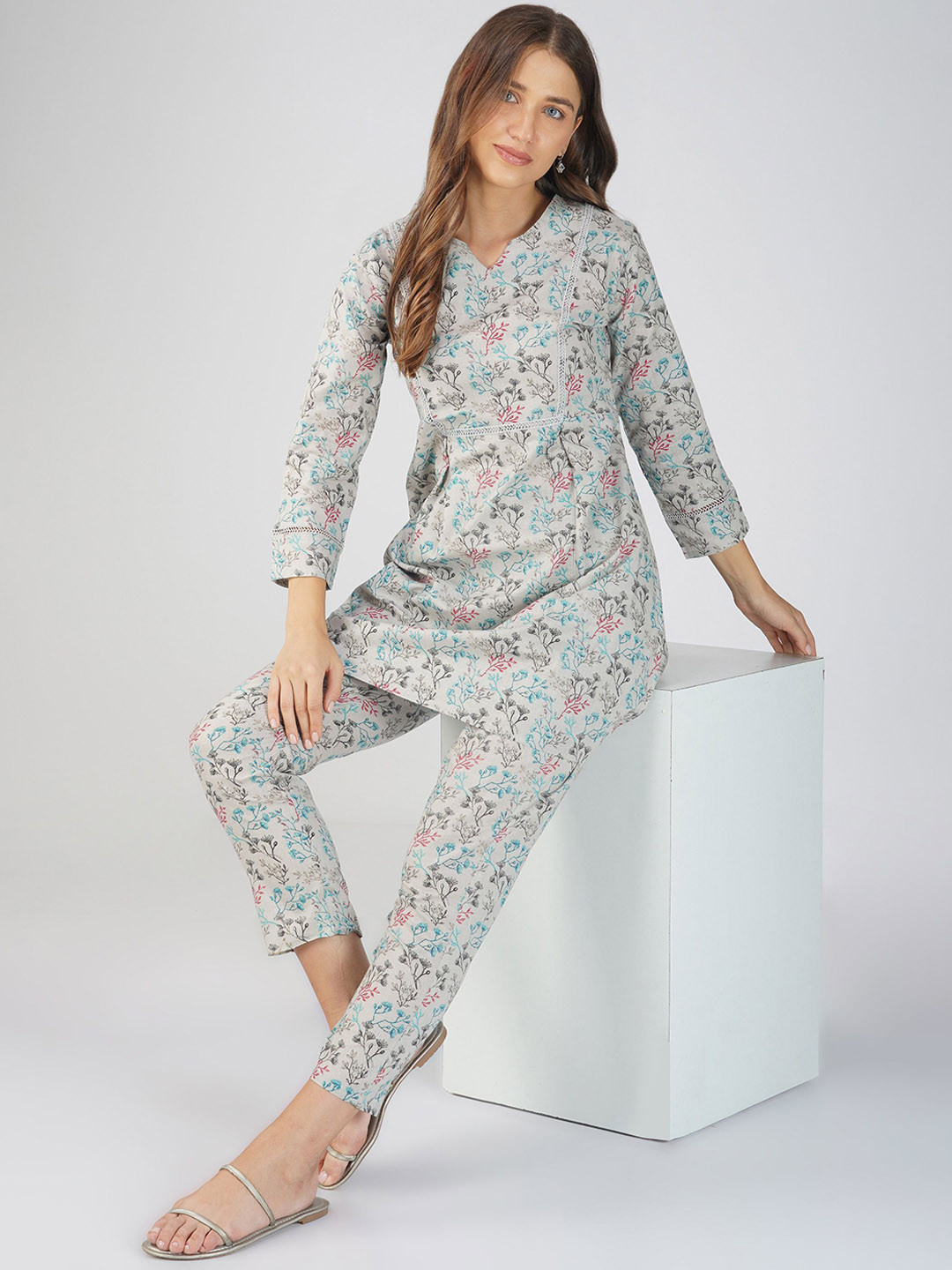 Bindigasm Printed Pure Cotton Three Quarter Sleeve Tunic & Trouser Co-Ords