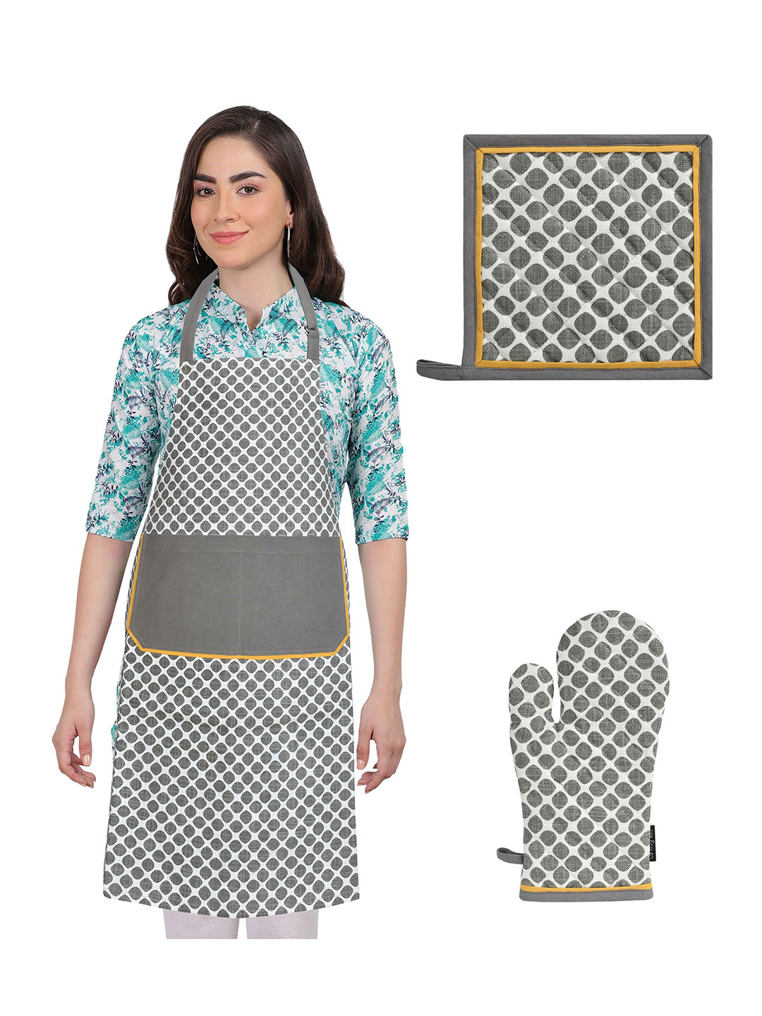 Ode & Cleo Grey & White 3 Pieces Printed Cotton Apron With Gloves & Pot Holder
