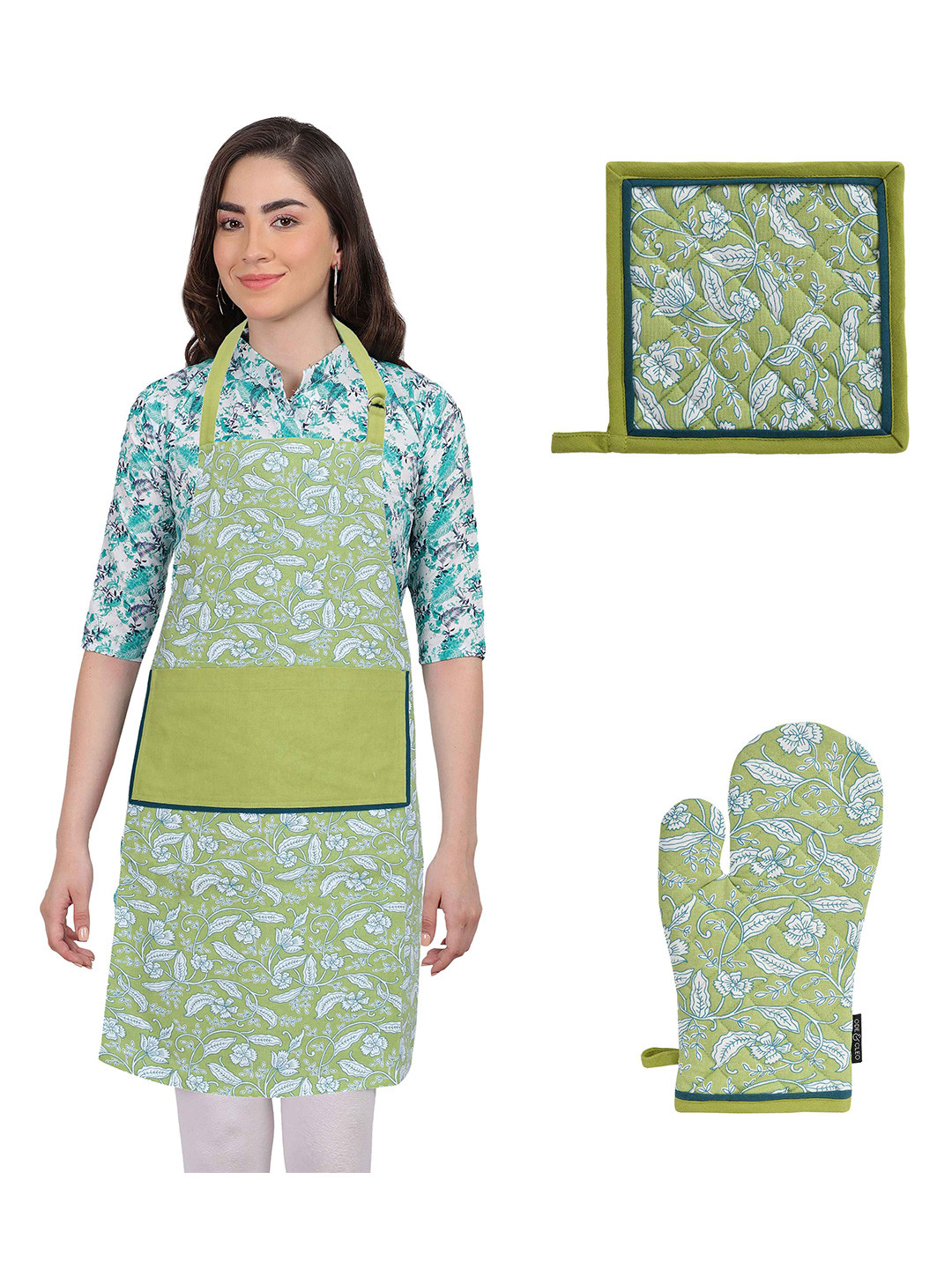 Ode & Cleo Green & White 3 Pieces Printed Cotton Apron With Gloves & Pot Holder