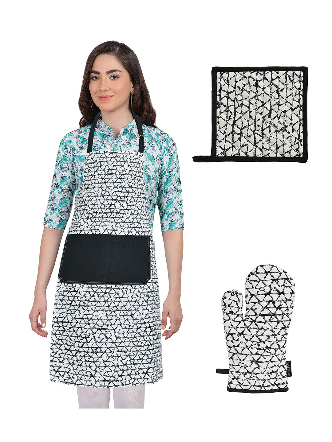 Ode & Cleo Black & White 3 Pieces Printed Cotton Apron With Glove & Pot Holder