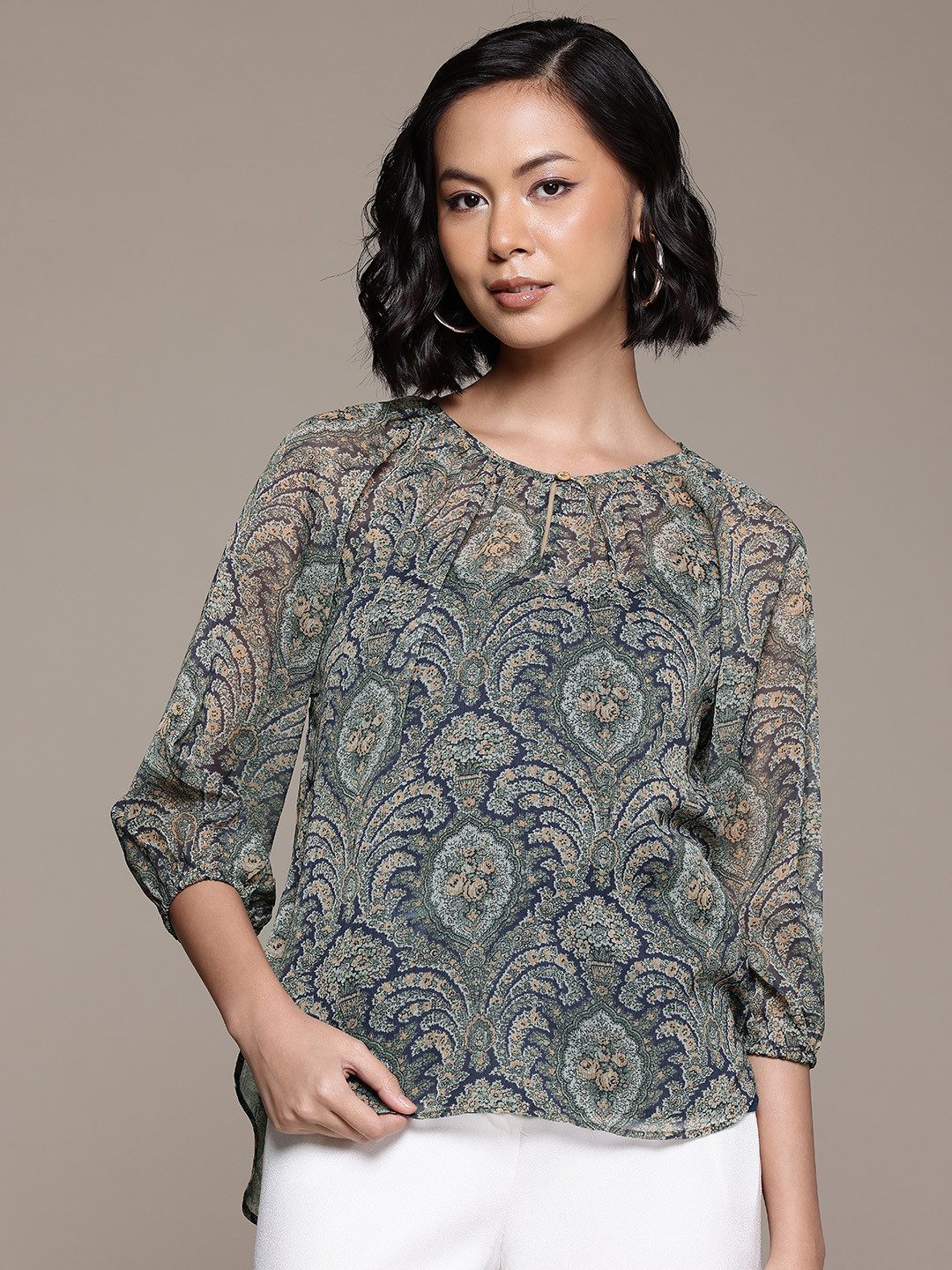 aarke Ritu Kumar Ethnic Print Puff Sleeves Chiffon Top