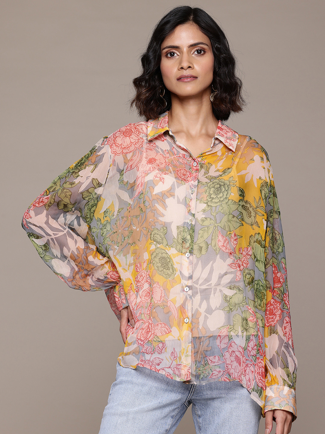 Label Ritu Kumar Relaxed Floral Printed Sheer Casual Shirt