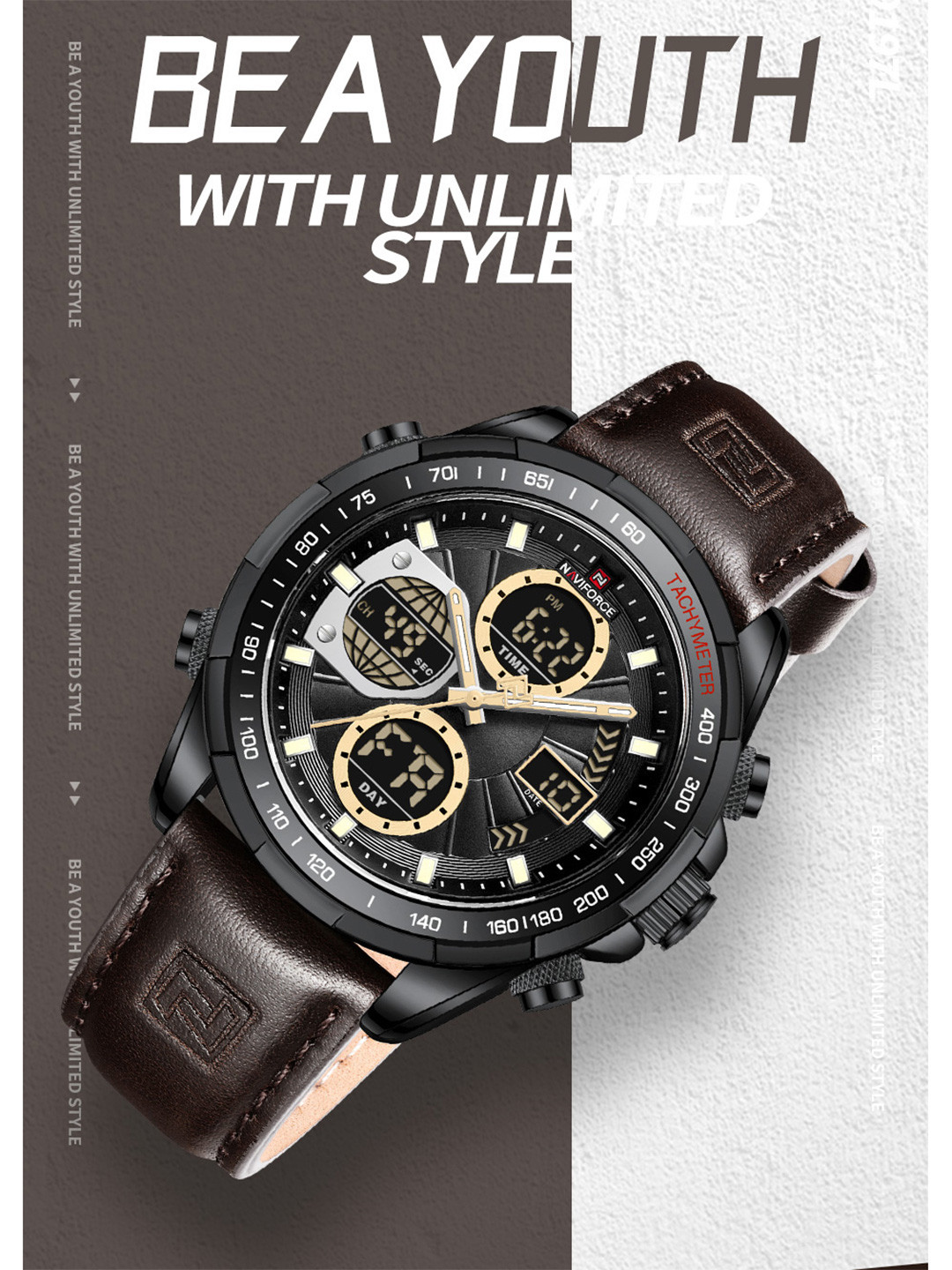 Naviforce Men Dial & Leather Bracelet Style Straps Analogue Multi Function Watch NF9197L BYD.BN