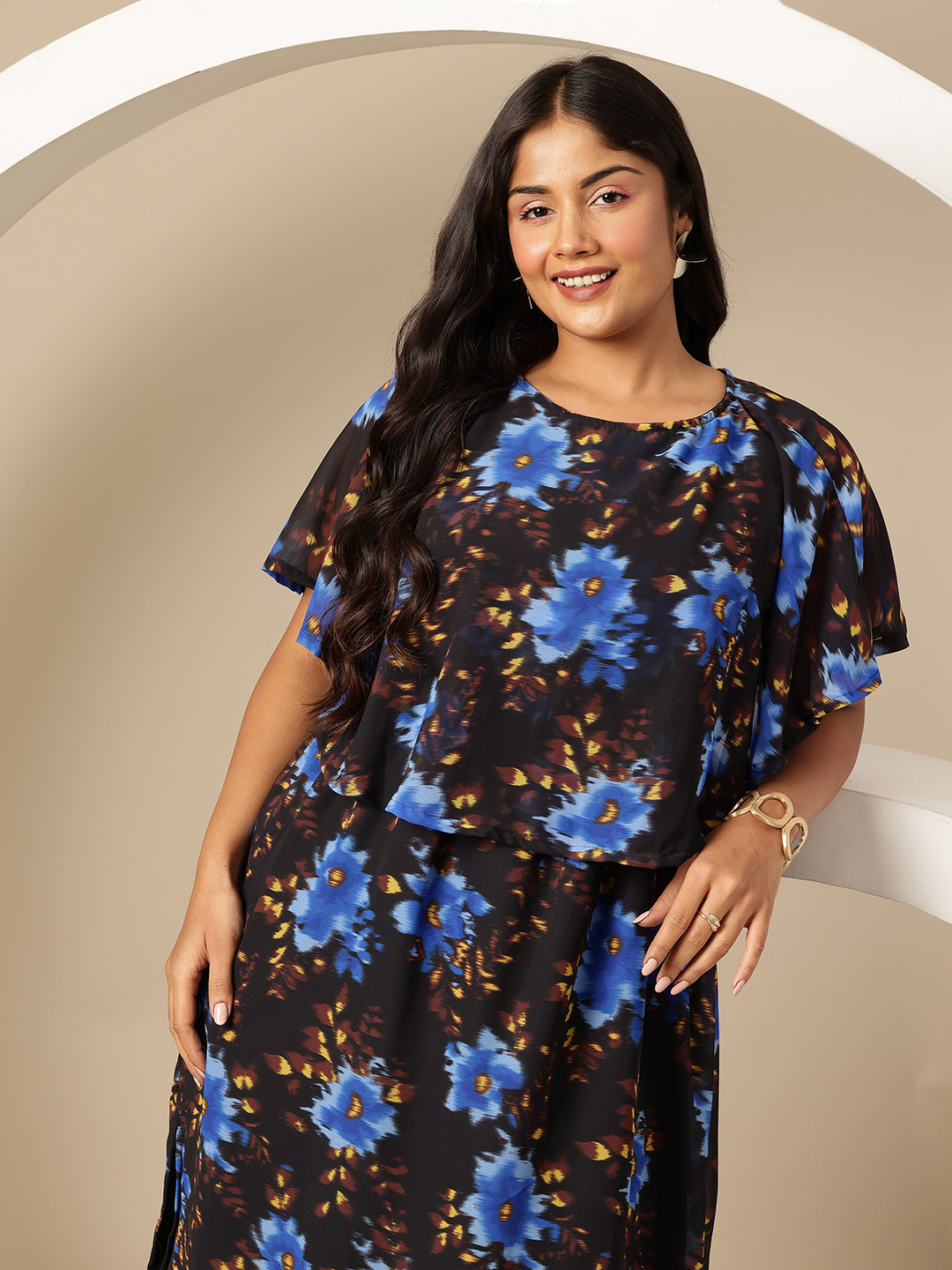 Sztori Plus Size Floral Print Layered Midi Dress