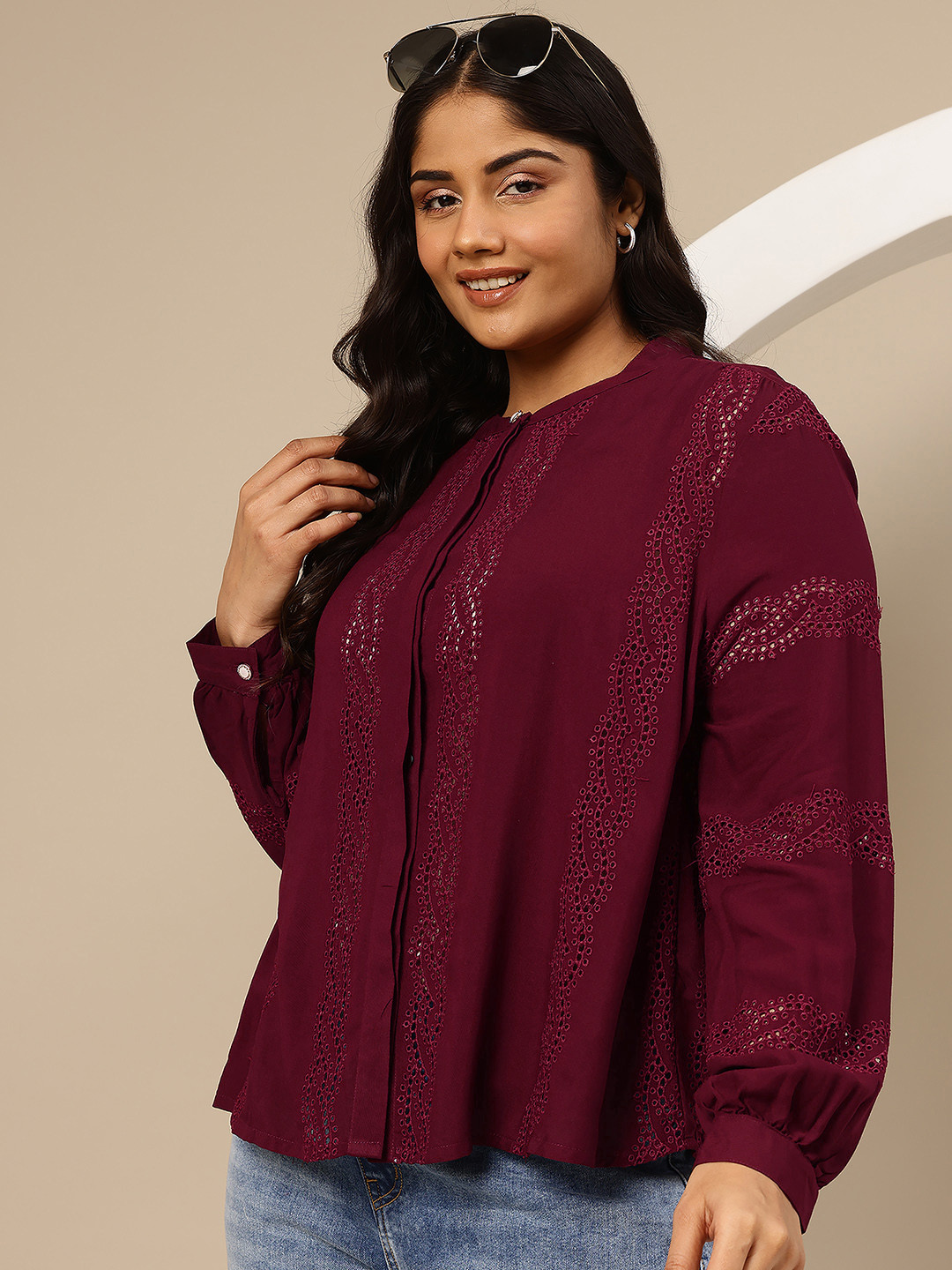 Sztori Plus Size Schiffli Floral Concealed Placket High-Low Curved Hem Top