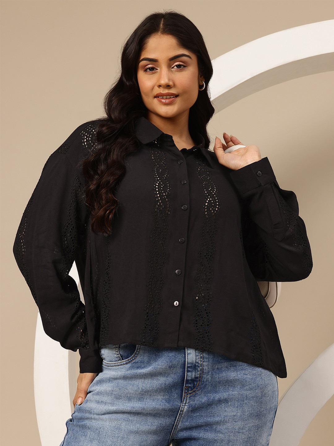 Sztori Women Plus Size Schiffli Cables Drop-Shoulder Sleeve Casual Shirt