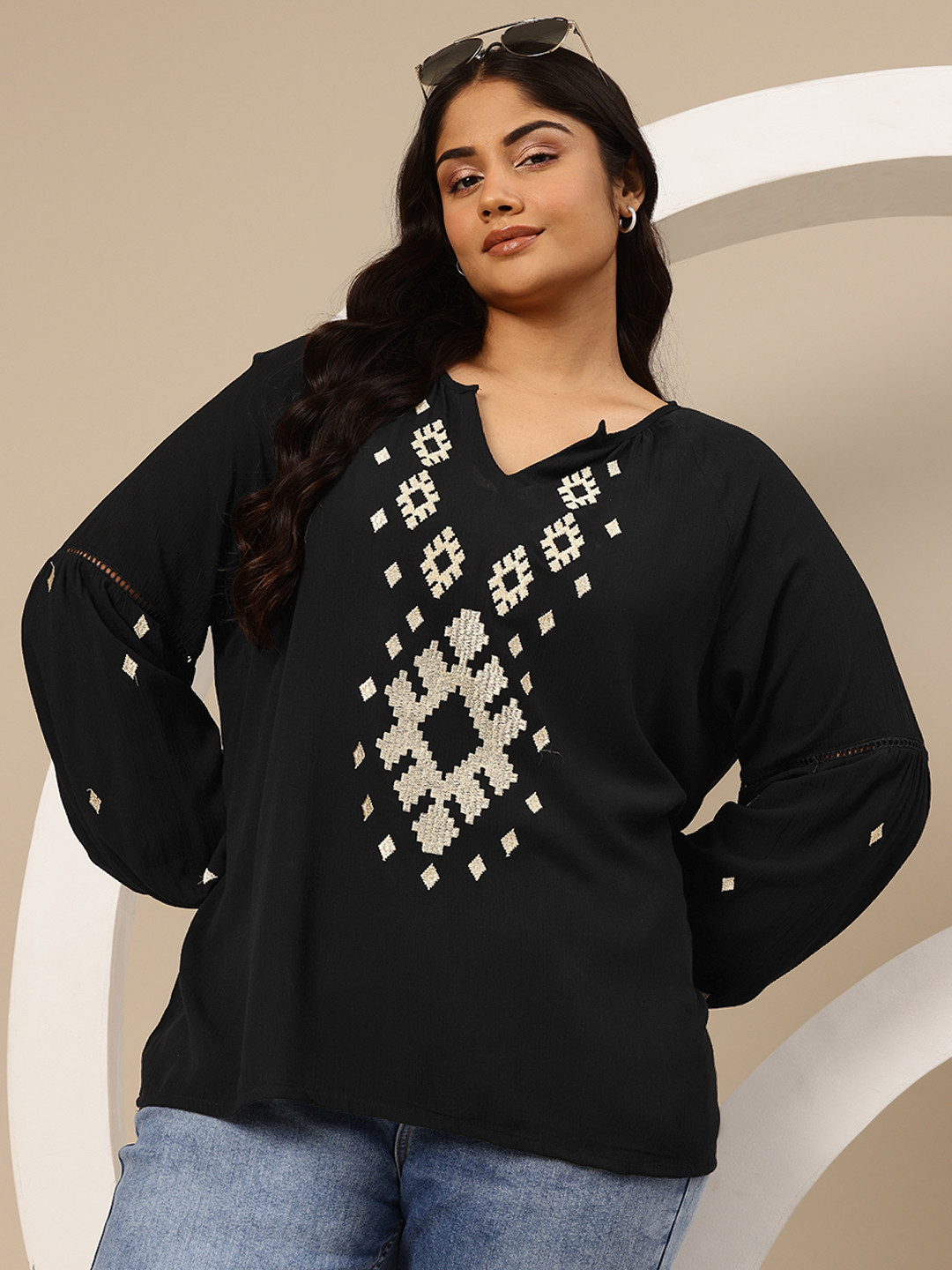 Sztori Plus Size Geometric Embroidered Lace Insert Raglan Sleeve Textured Top