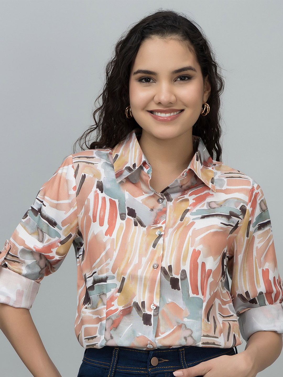 PURYS Women Abstract Casual Linen Shirt