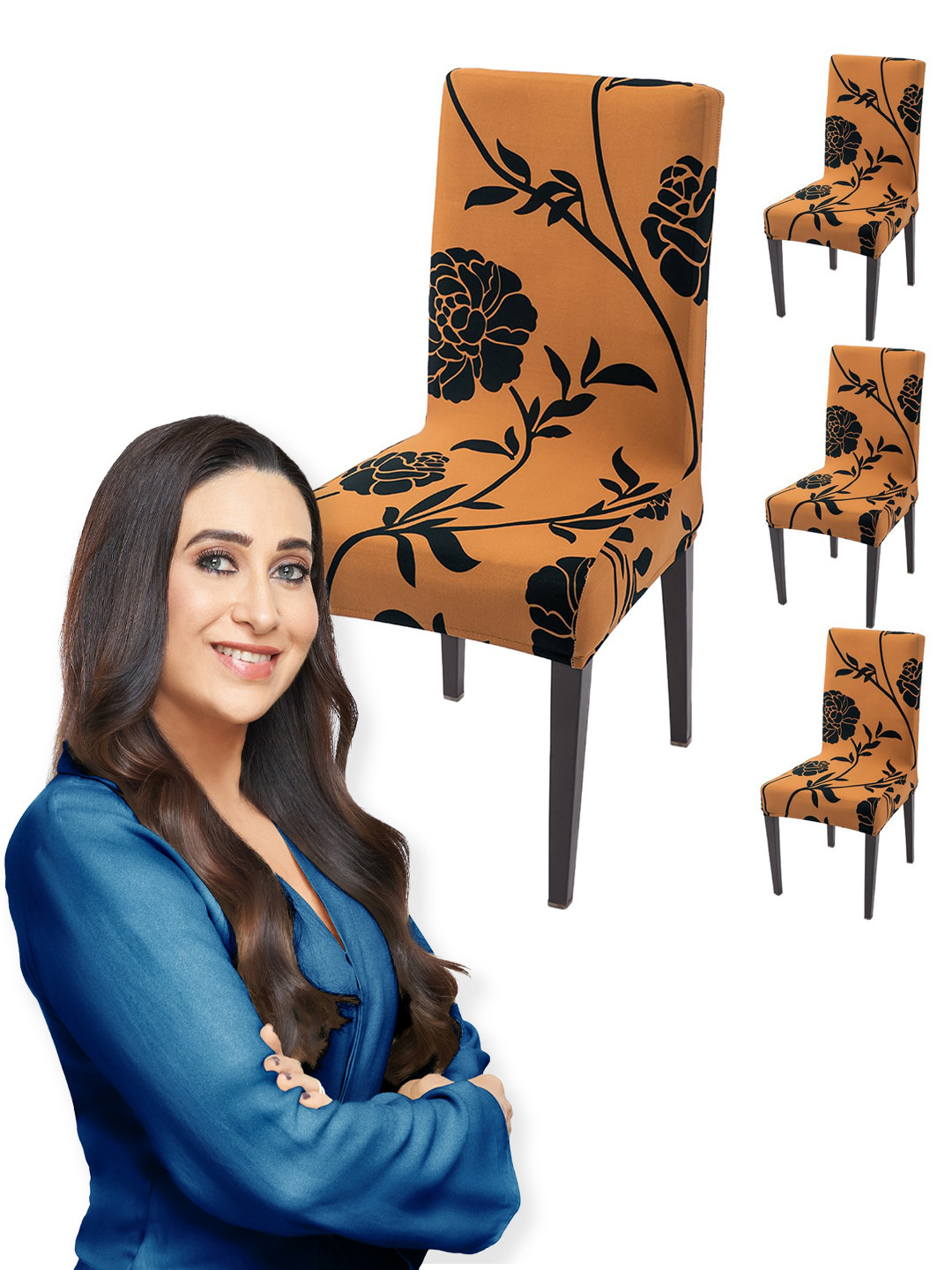 HOKIPO Set Of 4 Copper-Colored & Black Printed Chair Covers