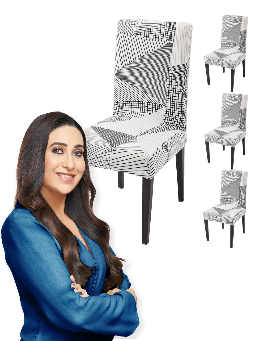 HOKIPO 4 Pcs White & Black Printed 140 GSM  Fully Covered Chair Cover