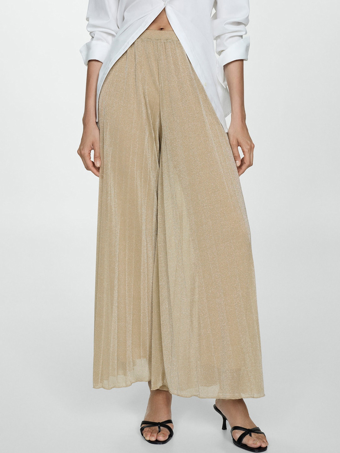 MANGO Women Lurex Pleated Wide Leg Trousers