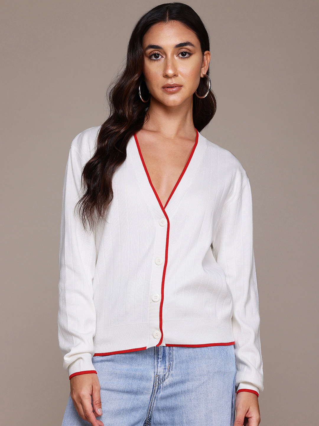 MANGO Contrast Trims Ribbed Cardigan