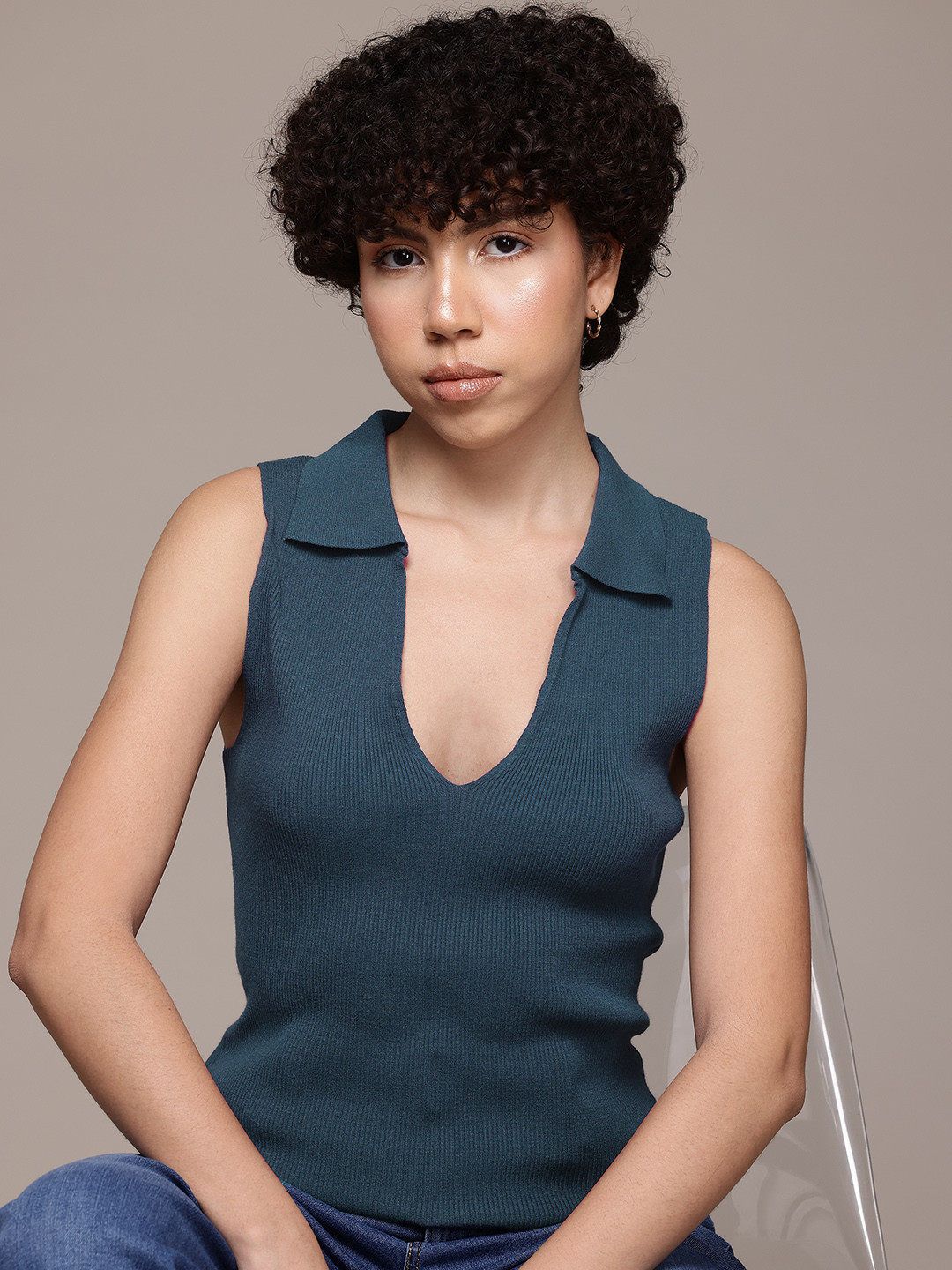 MANGO Plunged V-Neck Fitted Top