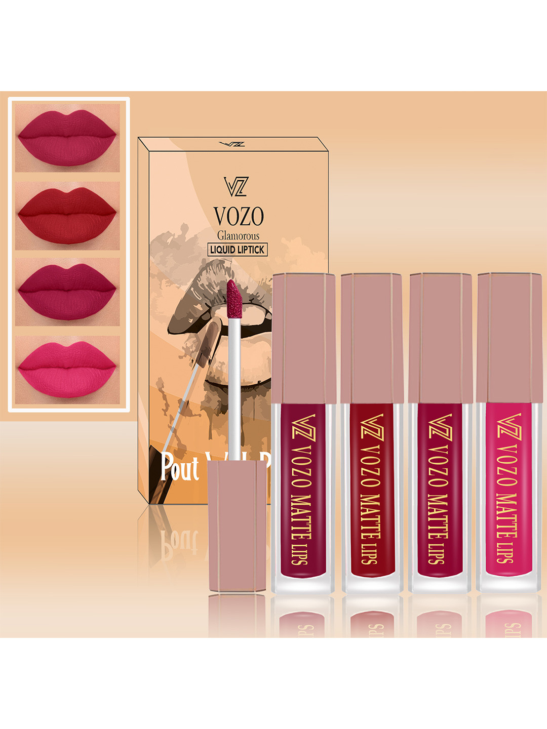VOZO Set Of 4 Soft & Comfortable Matte Finish Liquid Lipsticks-101-104-105-202