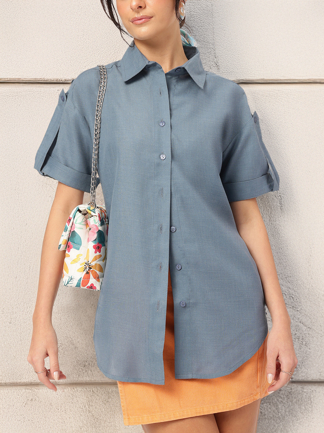 DressBerry Roll-Up Tabs Longline Relaxed Fit Shirt