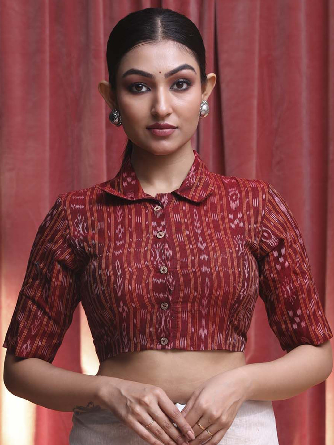 Indethnic Printed Shirt Collar Saree Blouse