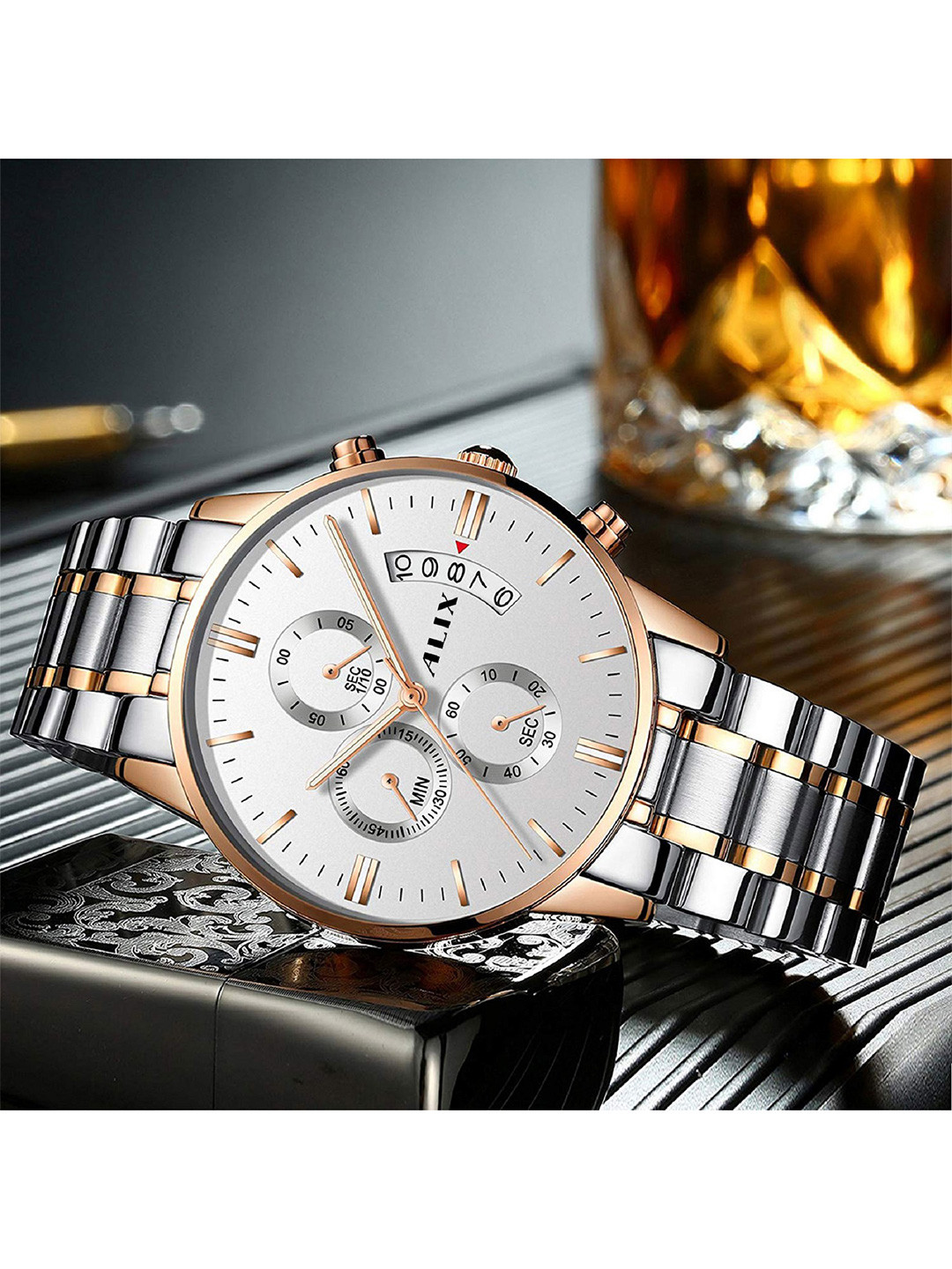 ALIX Men Patterned Dial & Stainless Steel Bracelet Style Straps Analogue Chronograph Watch AL2309 SWRG