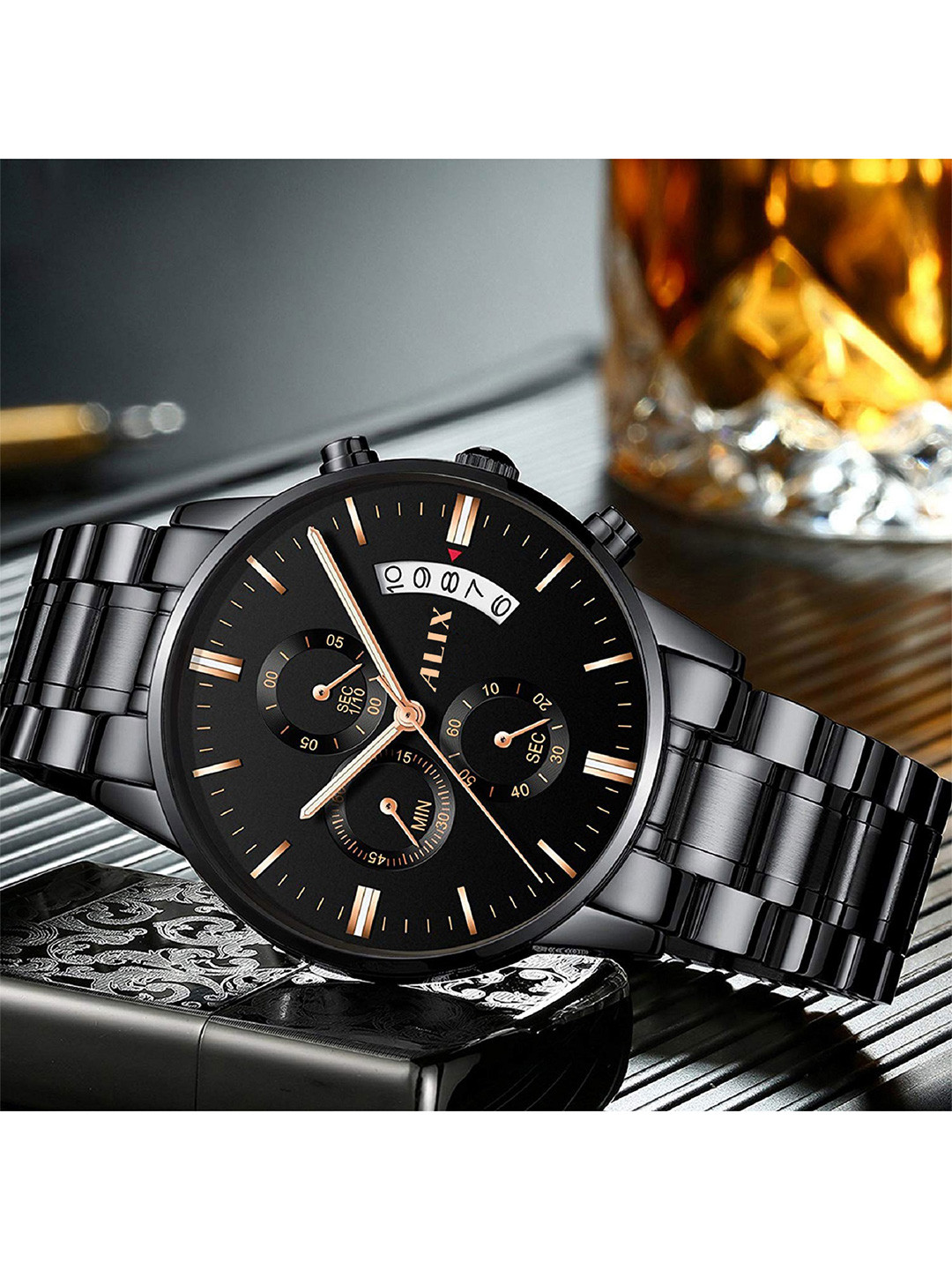 ALIX Men Embellished Dial & Stainless Steel Bracelet Style Straps Analogue Chronograph Watch AL2309 BRGB