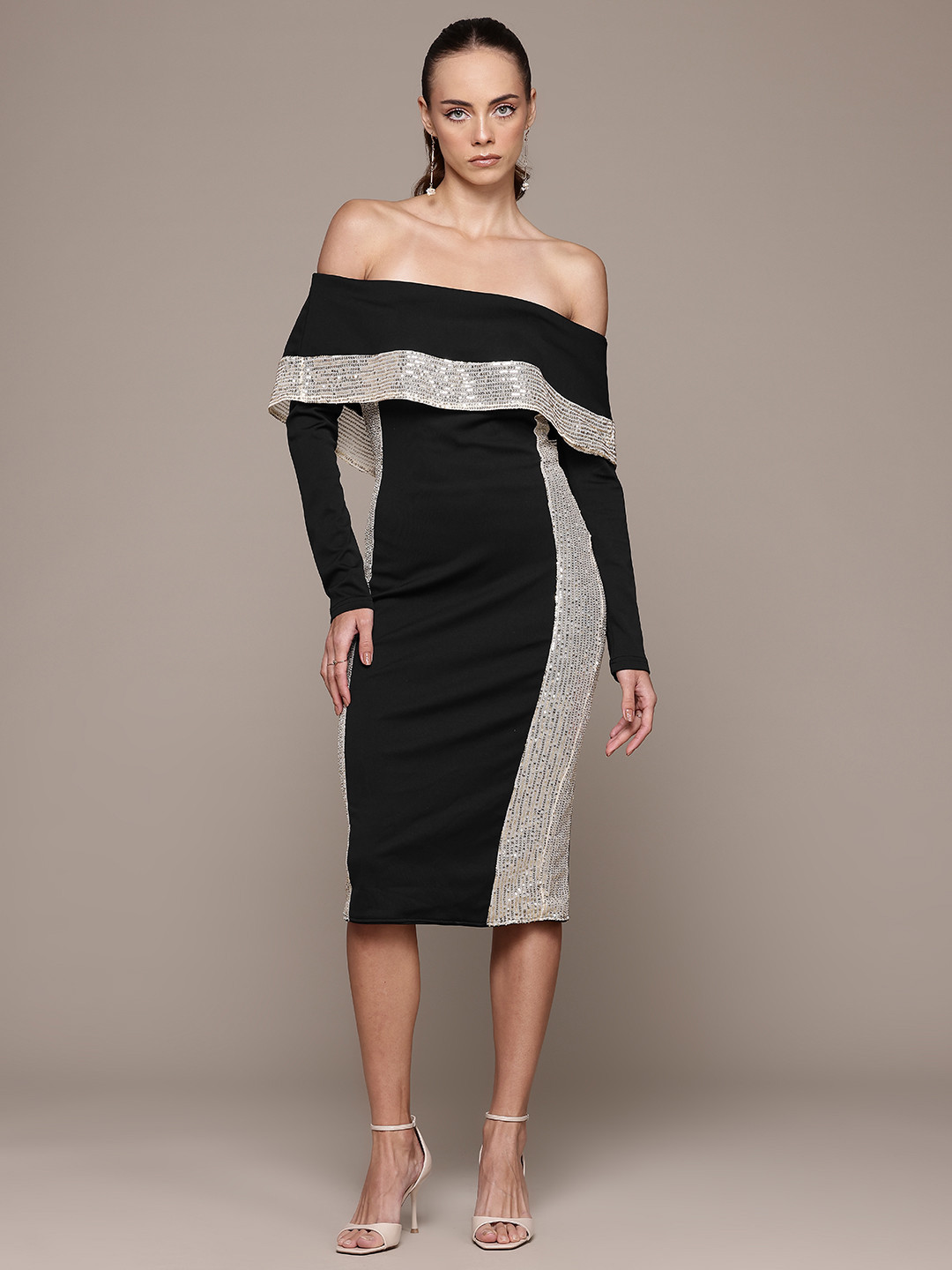 bebe Future Glam Off-Shoulder Bodycon Dress