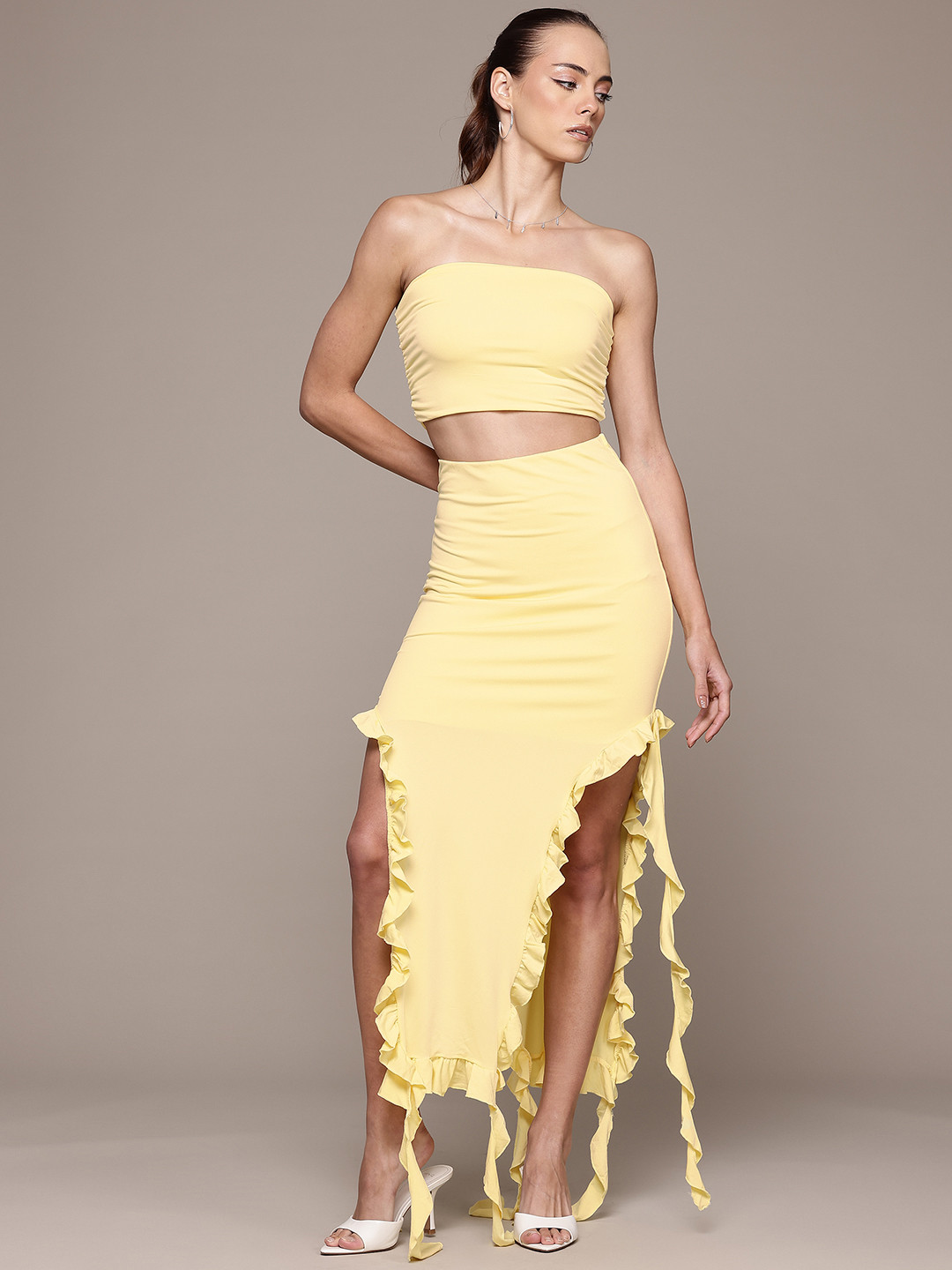 bebe Brighter Basics High-Slit Ruffles Tube Style Co-Ords