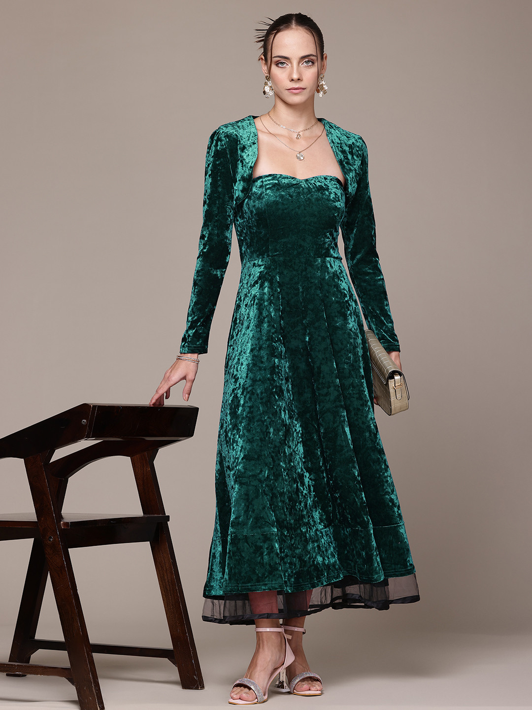 bebe Bandeau Future Glam Velvet Finish Maxi Dress