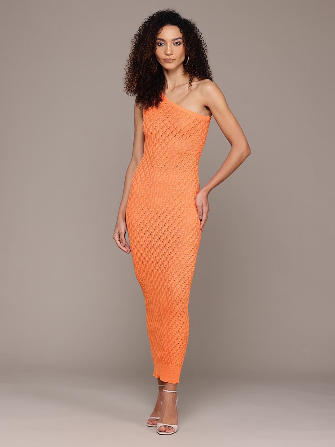 bebe Orange Selentite One Shoulder Bodycon Midi Dress