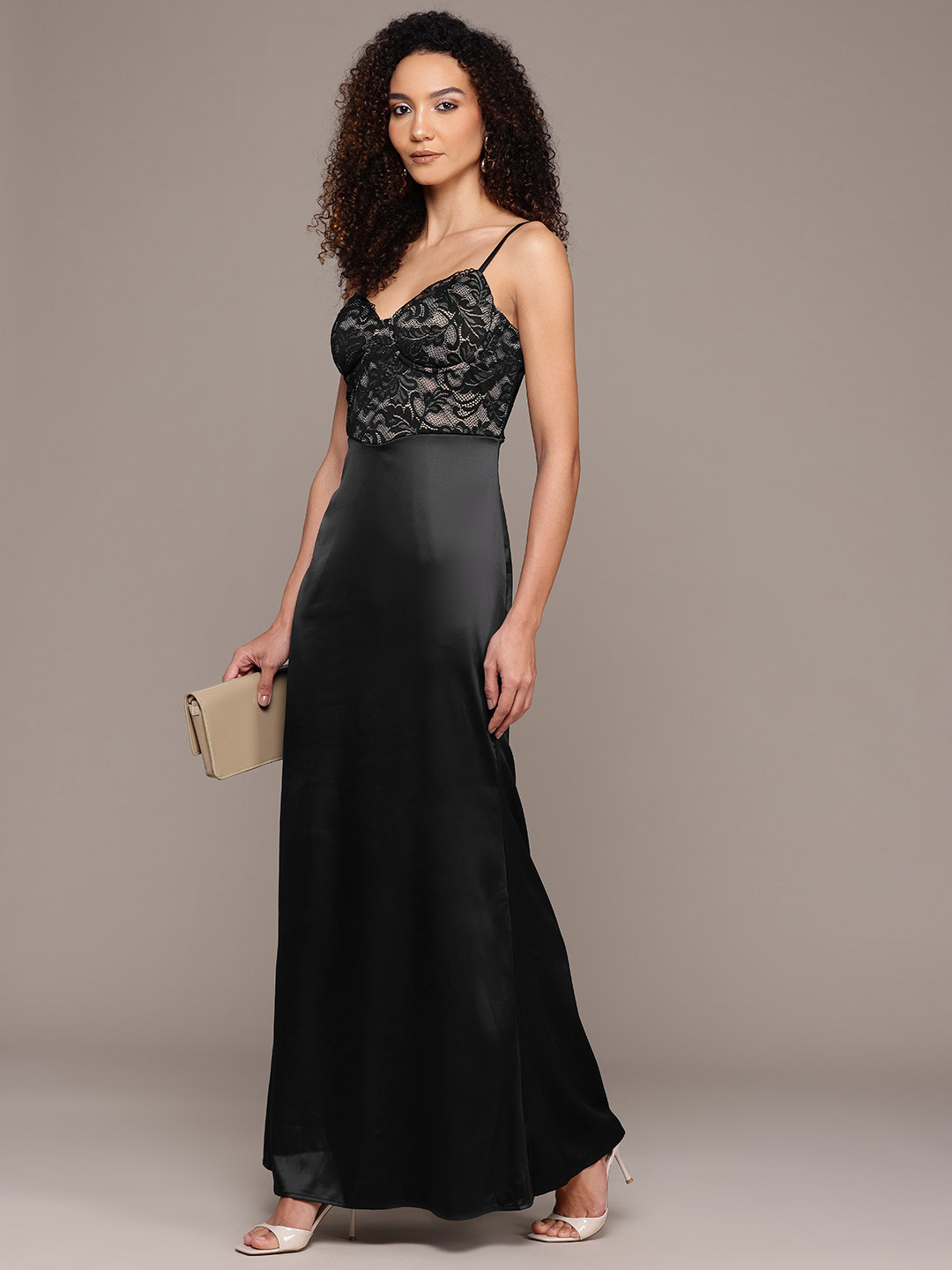 bebe Future Glam Lace Insert Satin-Finish Maxi Dress