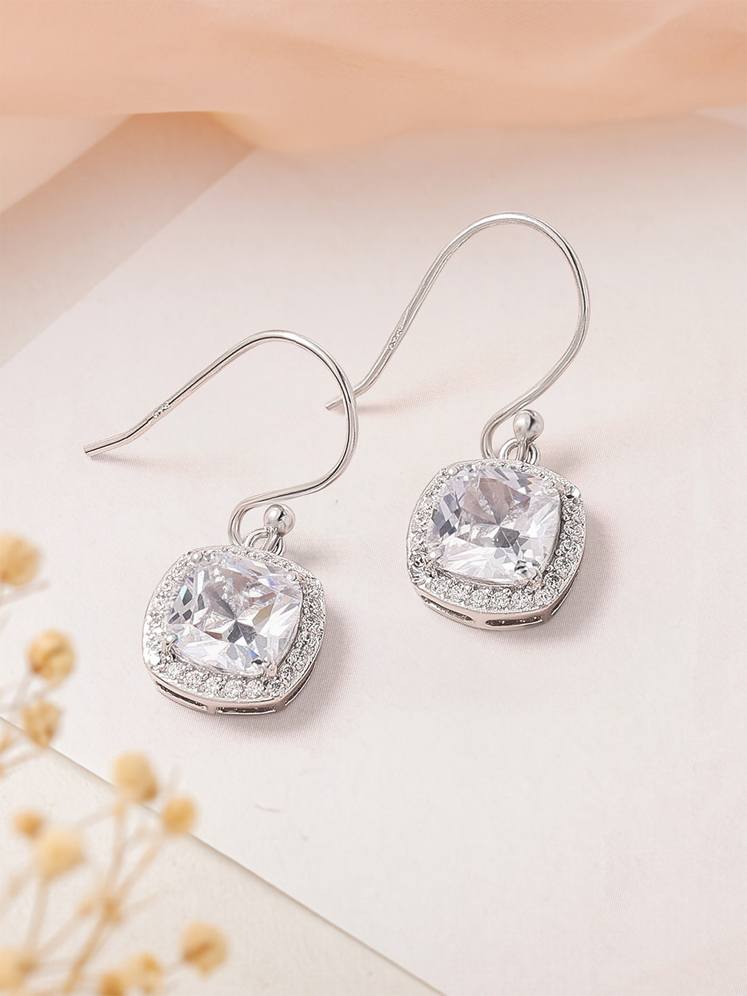 Ornate Jewels 925 Sterling Silver American Diamond Heart Shaped Dangle Earrings