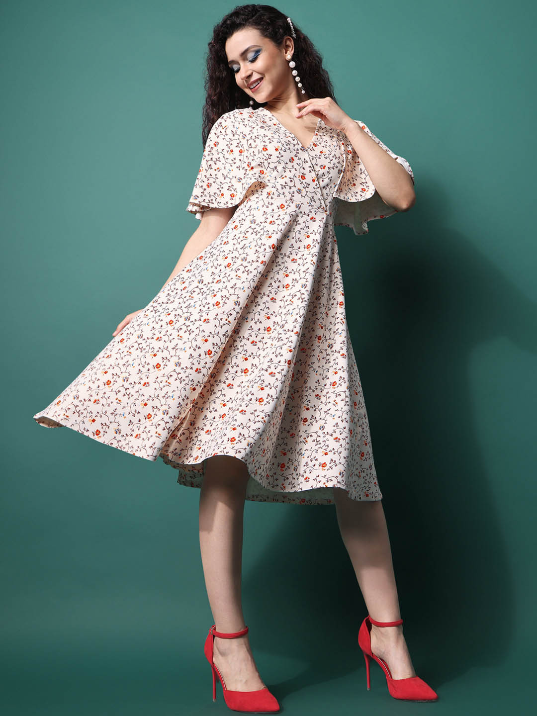 PURVAJA Floral Cape Sleeve A-Line Midi Dress