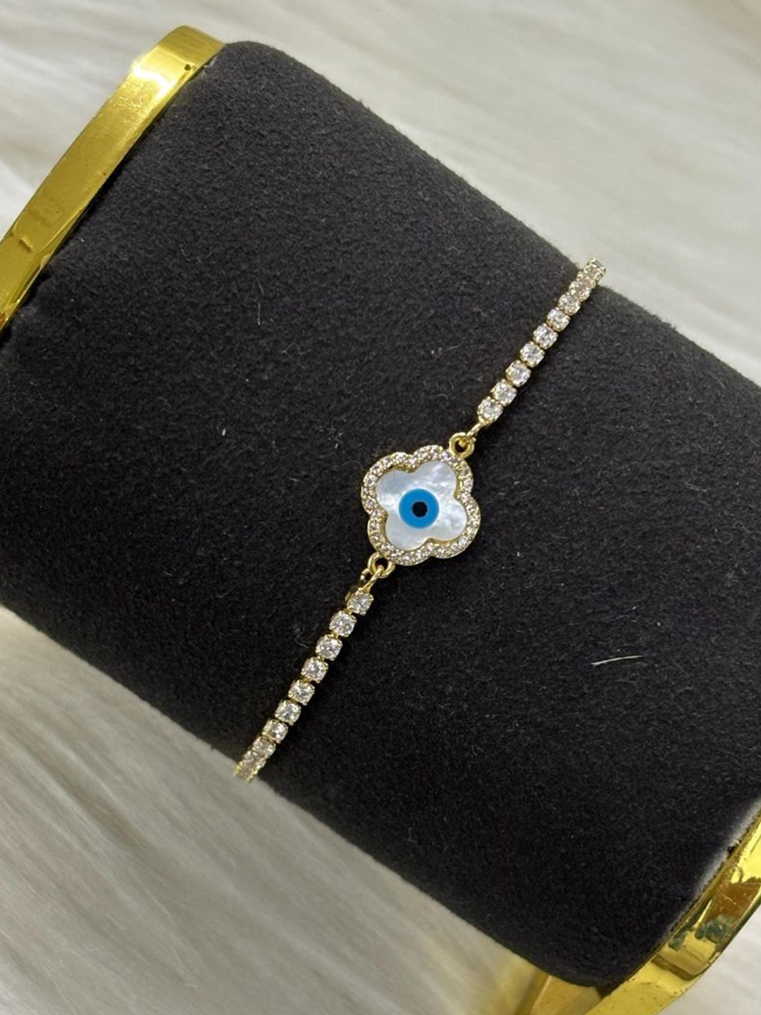 BDIVA Gold-Plated Cubic Zirconia Adjustable Evil Eye Charm Bracelet