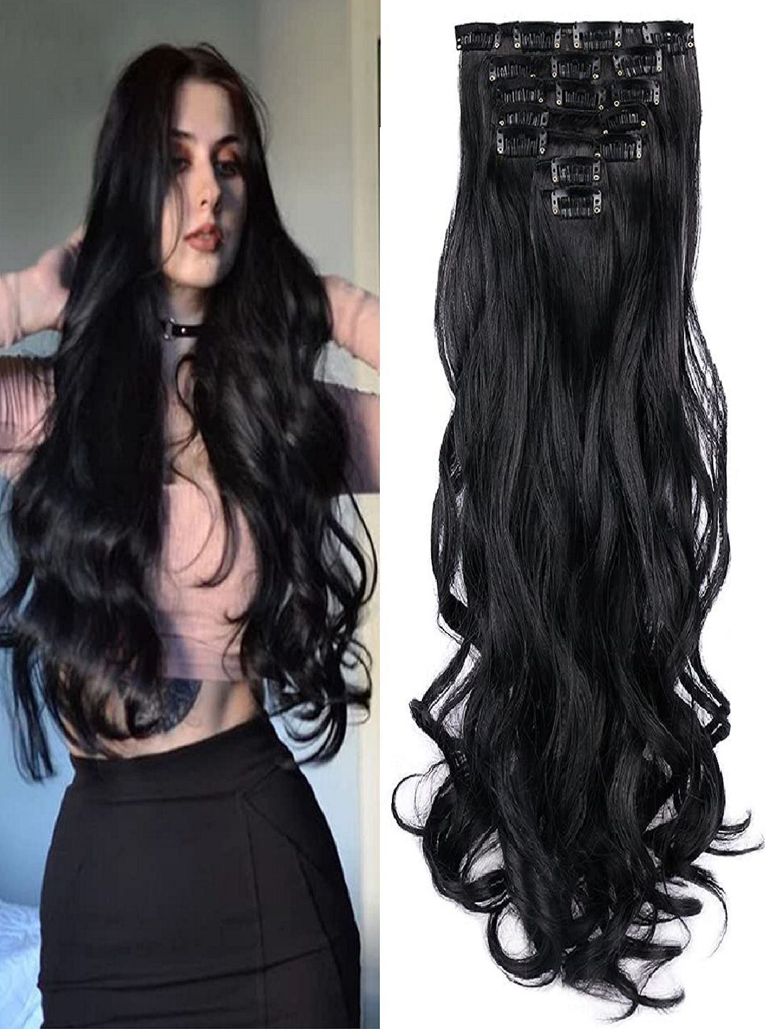 MoonEyes Set Of 7 Curly/Wavy Natural Black Hair Extension