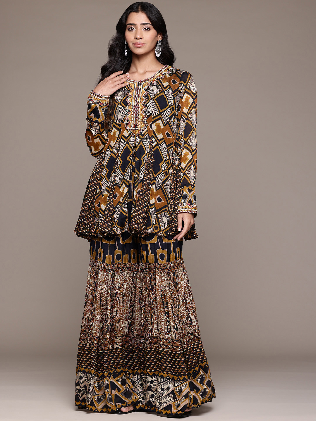 Ritu Kumar Printed Pleated Beads & Stones Kurti with Sharara