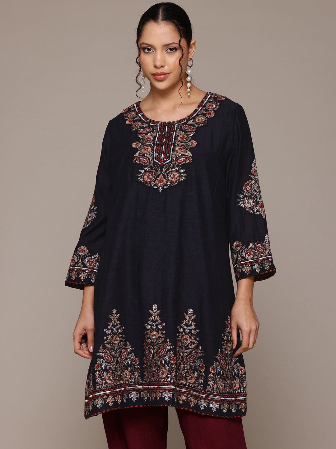 Ritu Kumar Paisley Embroidered Indie Florals Cotton Chanderi Silk Kurta