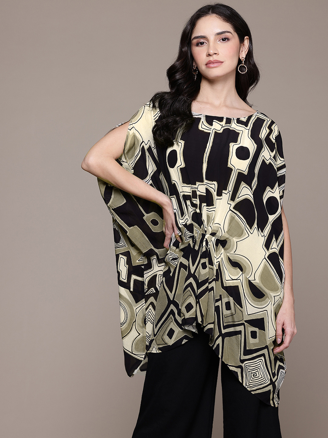 Ritu Kumar Printed Extended Sleeves Crepe Boxy Longline Top