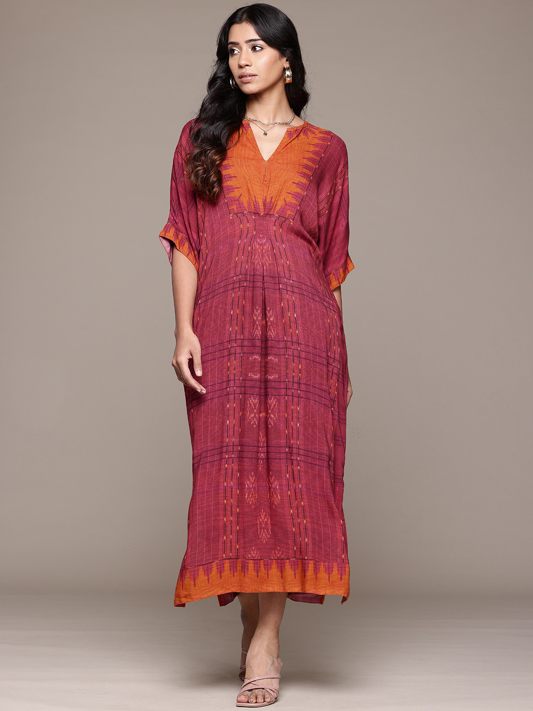 Ritu Kumar Checked Batwing Sleeves Kaftan Maxi Dress