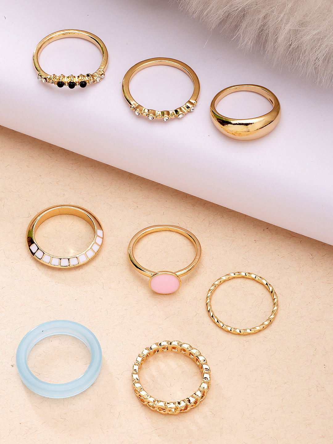 Bohey by KARATCART Set Of 8 Gold-Plated & Pearl-Studded Finger Rings