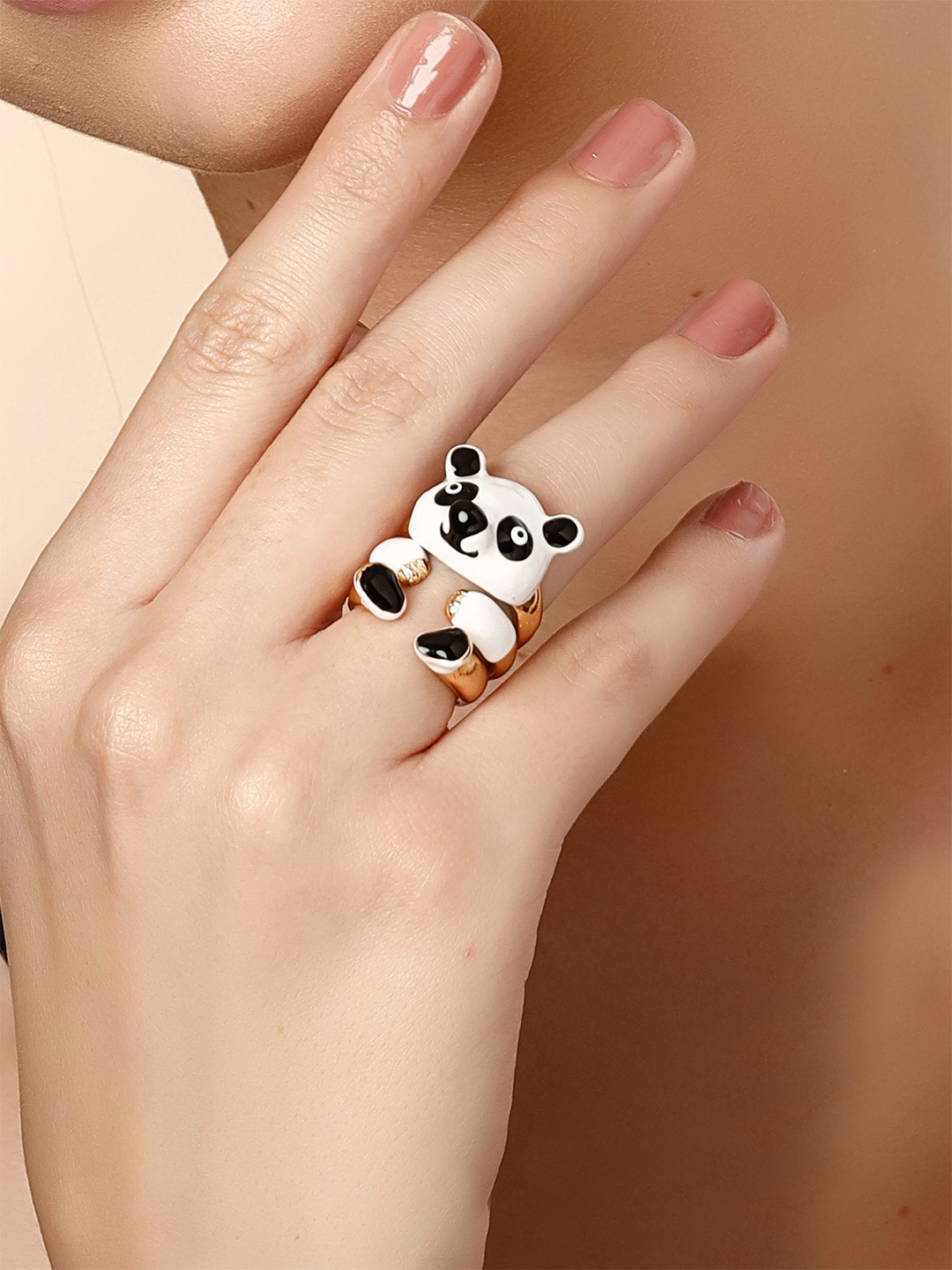 Bohey by KARATCART 3Pcs Gold-Plated Panda Design Finger Ring
