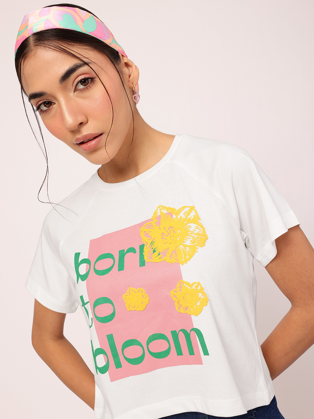 DressBerry Check Raglan Sleeves Printed Cropped Boxy Fit T-shirt