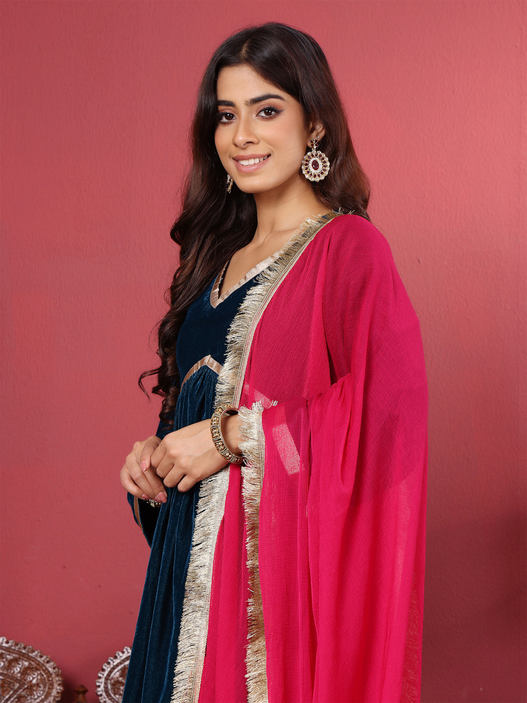 Varanga Navy Blue Flared Sleeves Lace Velvet Empire Kurta with Trousers & Dupatta